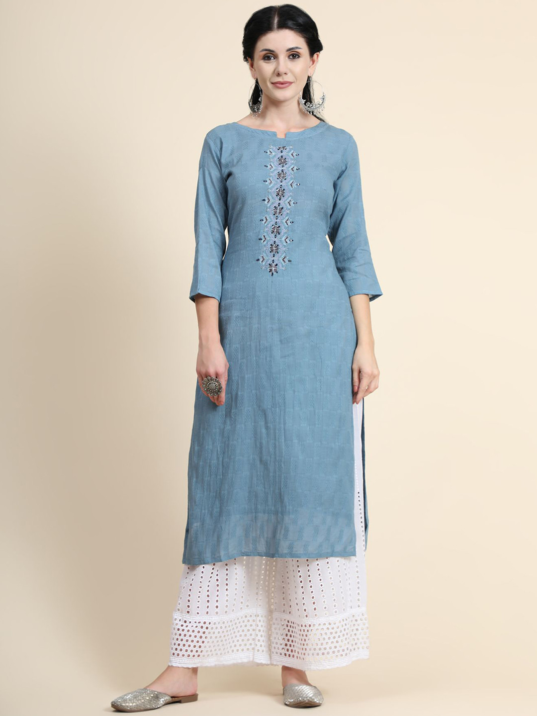 

KALINI Embroidered Mirror Work Linen Kurta with Palazzos, Blue