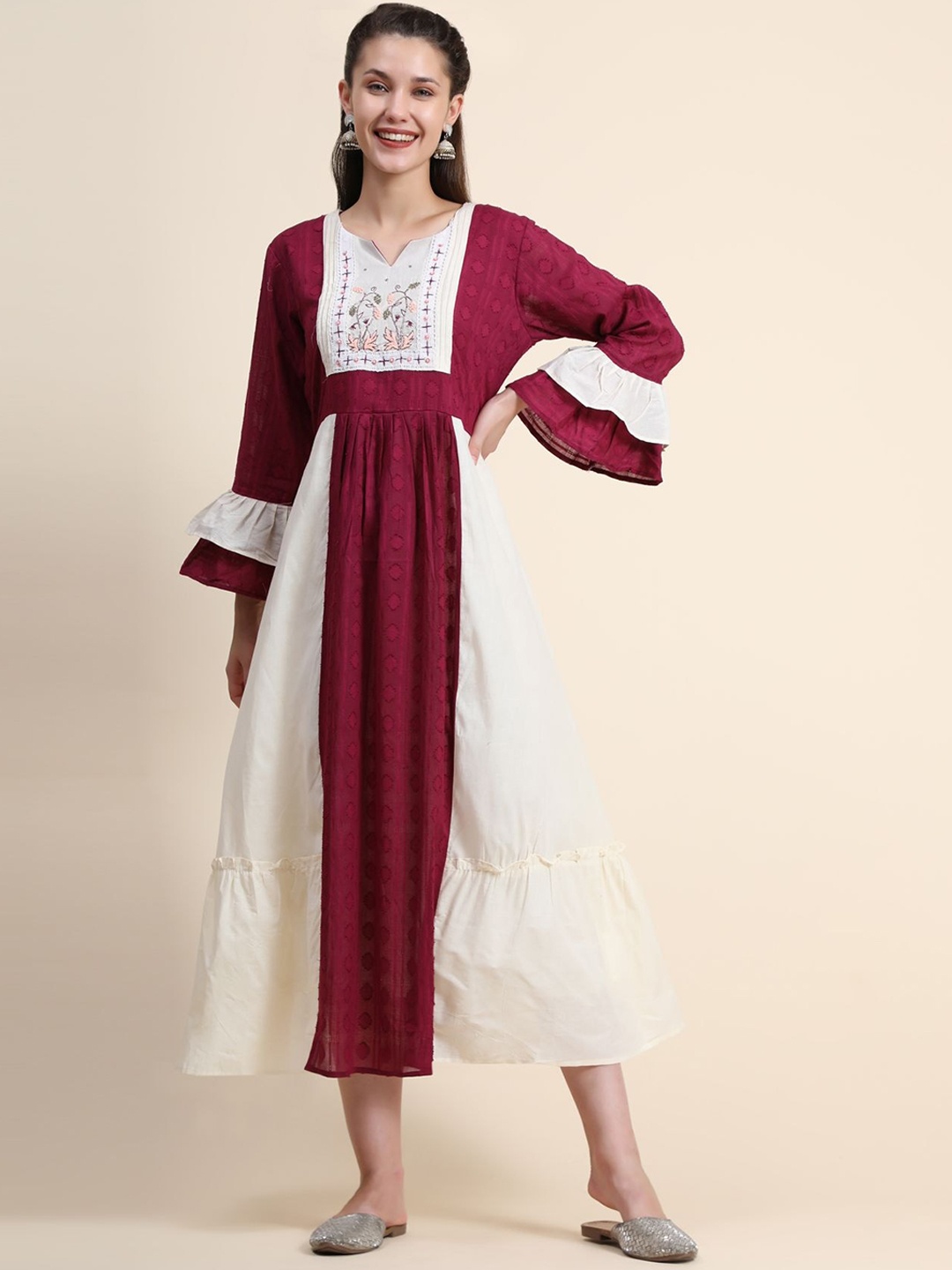 

KALINI Colourblocked Bell Sleeves Linen Anarkali Kurta with Beads & Stones Details, Maroon