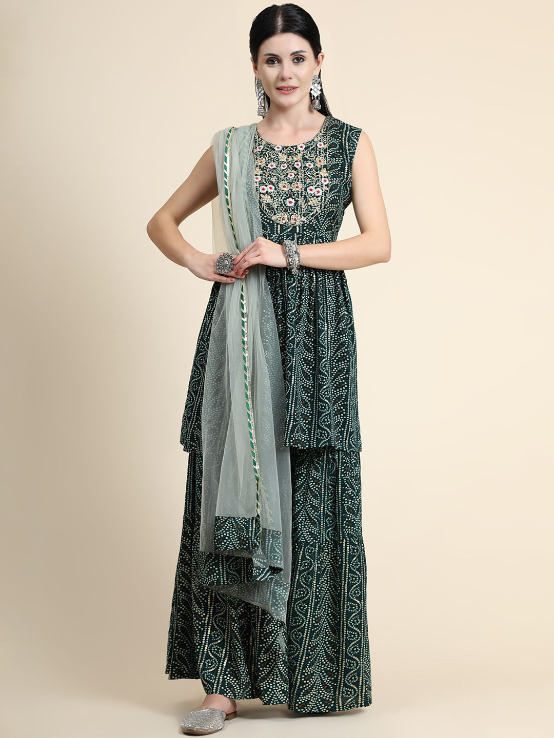 

KALINI Bandhani Embroidered Thread Work Linen Kurta with Sharara & With Dupatta, Green