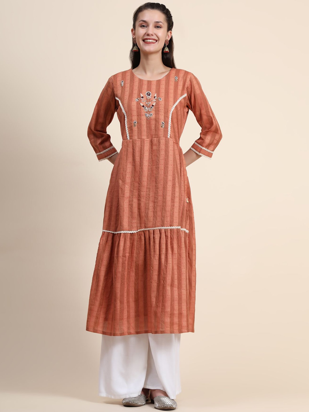 

KALINI Embroidered Beads and Stones Linen Kurta with Palazzos & With Dupatta, Orange
