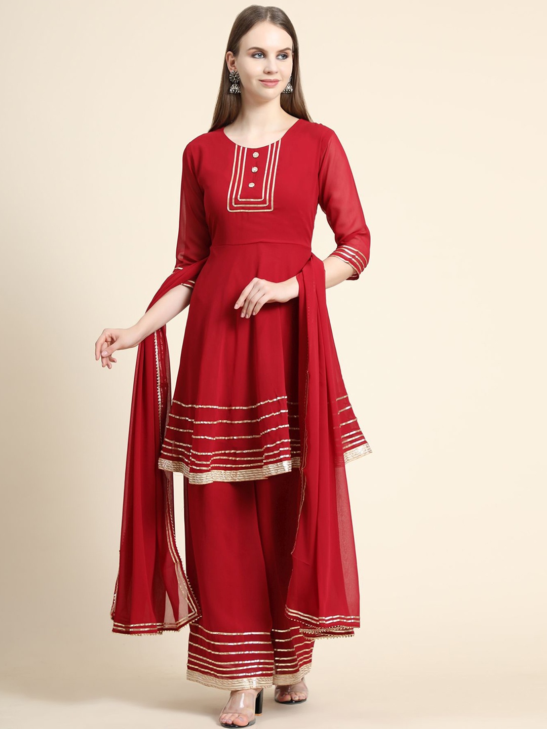 

KALINI Gotta Patti Linen Kurta with Palazzos & With Dupatta, Red