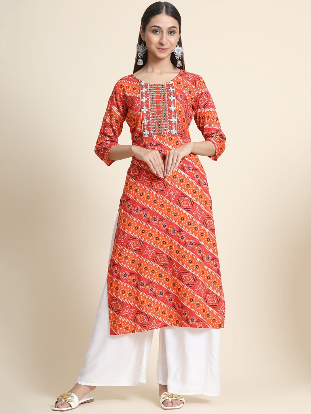 

KALINI Floral Printed Linen U-Neck Kurta with Palazzos, Red