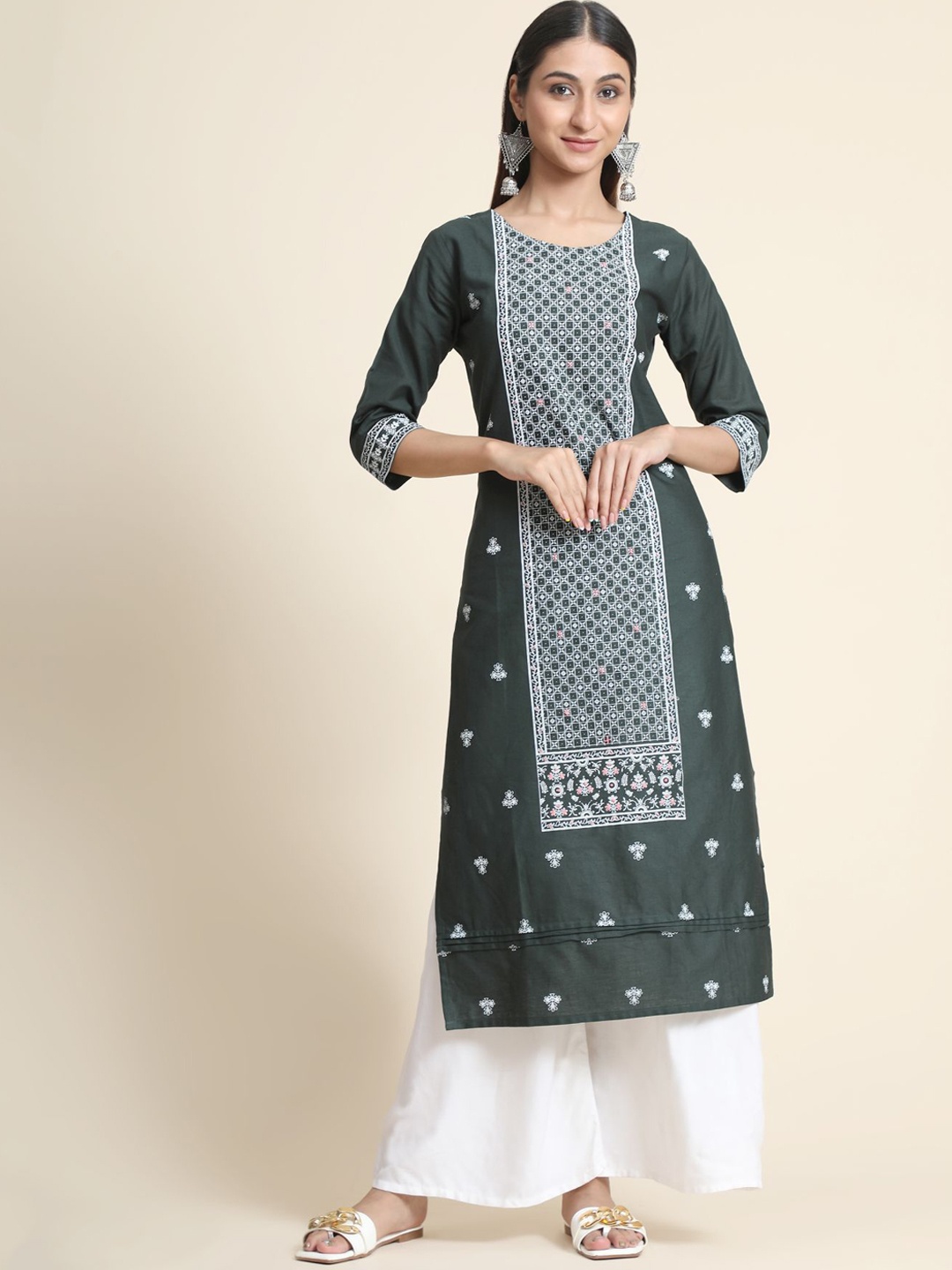 

KALINI Ethnic Motifs Printed Thread Work Linen Kurta with Palazzos & With Dupatta, Grey