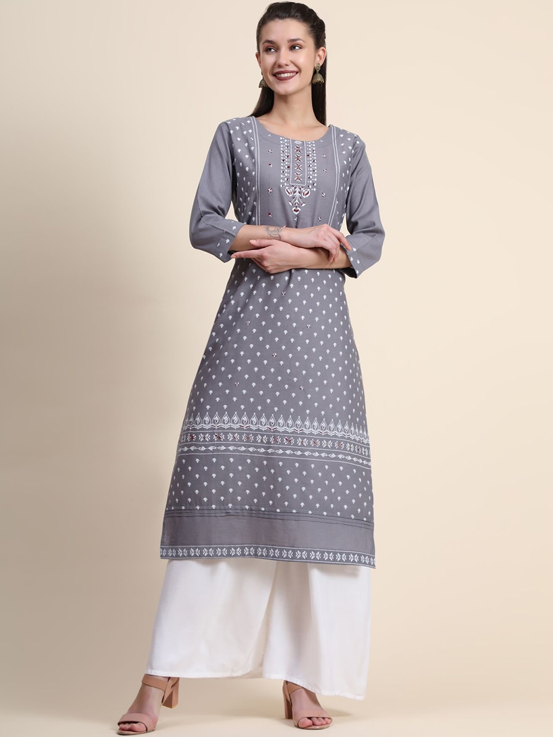 

KALINI Women Grey Printed Thread Work Linen Kurta with Trousers