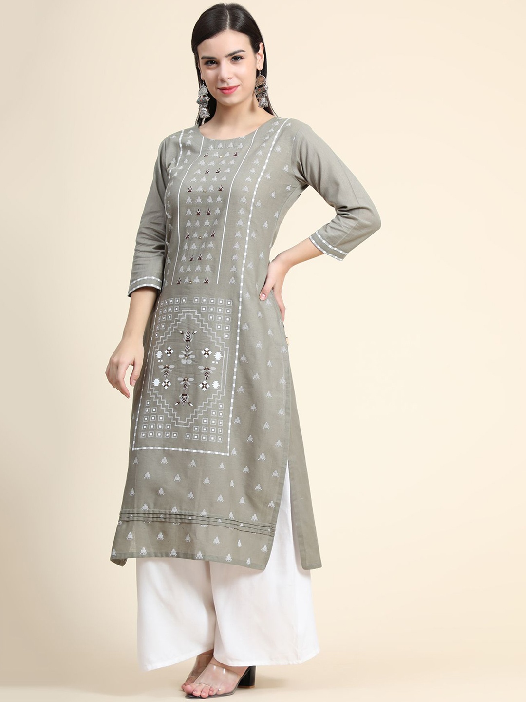 

KALINI Printed Thread Work Linen Kurta with Palazzos & With Dupatta, Grey