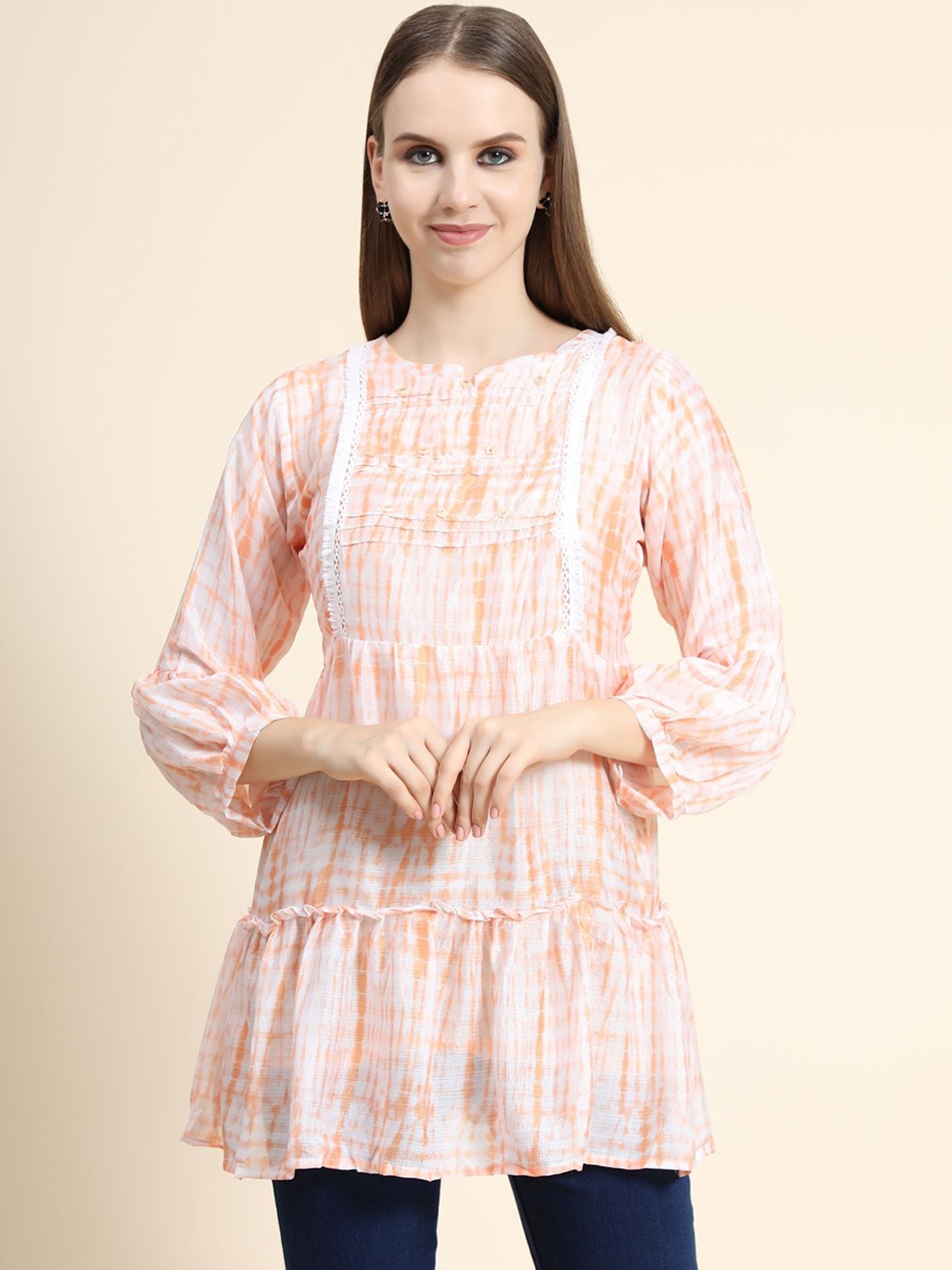 

KALINI Dyed Linen Tiered Kurti, Peach