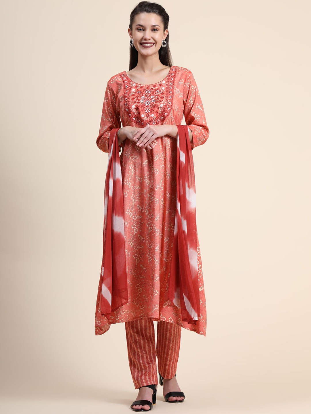 

KALINI Floral Printed Panelled Thread Work Linen Kurta with Trousers & With Dupatta, Peach