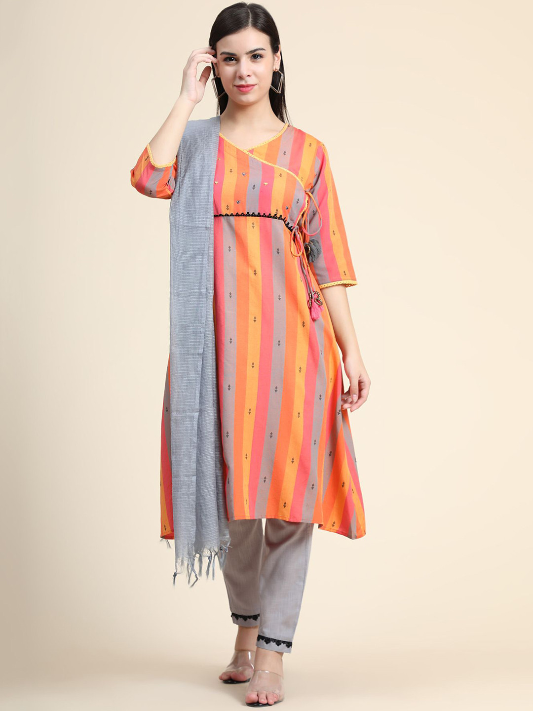

KALINI Embroidered Angrakha Thread Work Linen Kurta with Trousers & With Dupatta, Grey