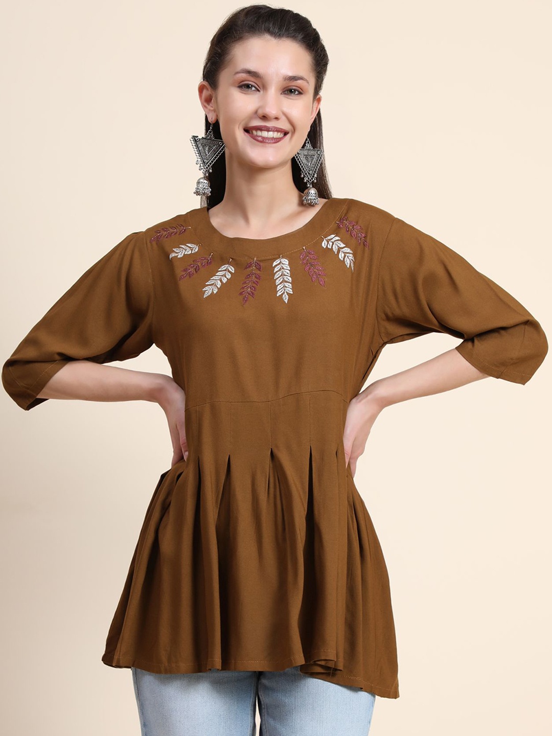 

KALINI Floral Embroidered Thread Work Linen Thread Work Panelled Kurti, Brown