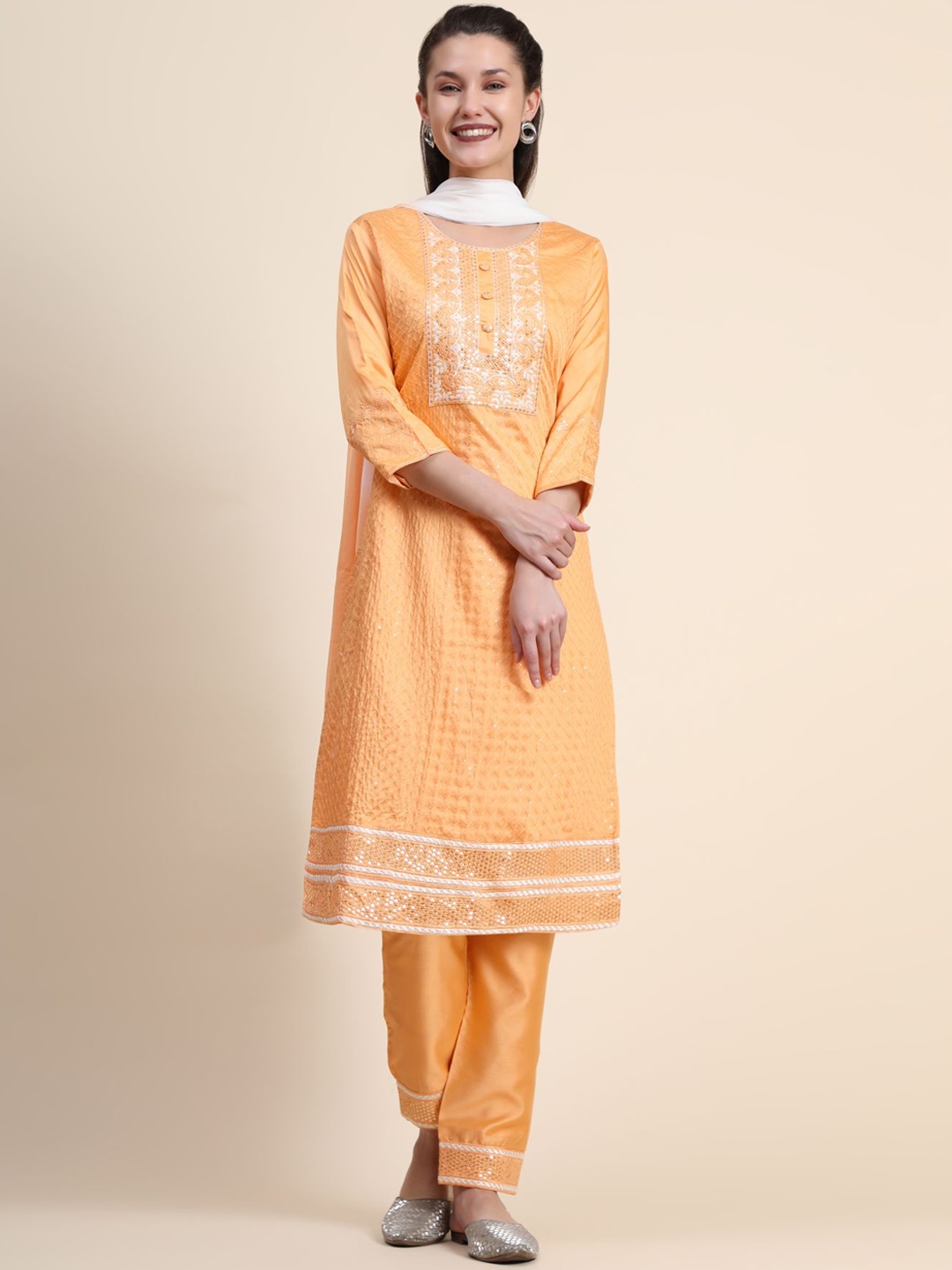 

KALINI Embroidered Thread Work Linen Kurta with Trousers & With Dupatta, Yellow