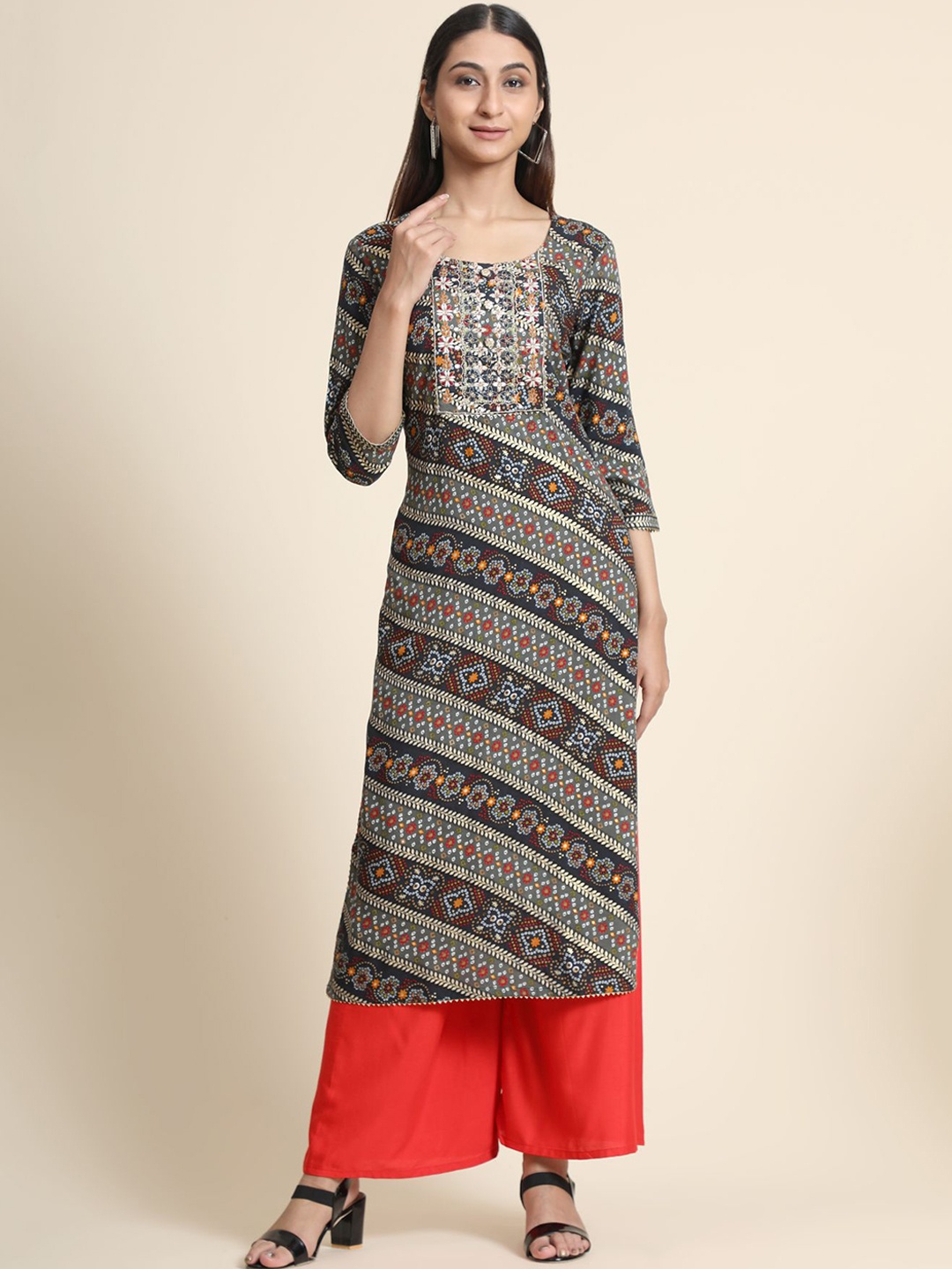 

KALINI Printed Thread Work Linen Kurta with Palazzos & With Dupatta, Black