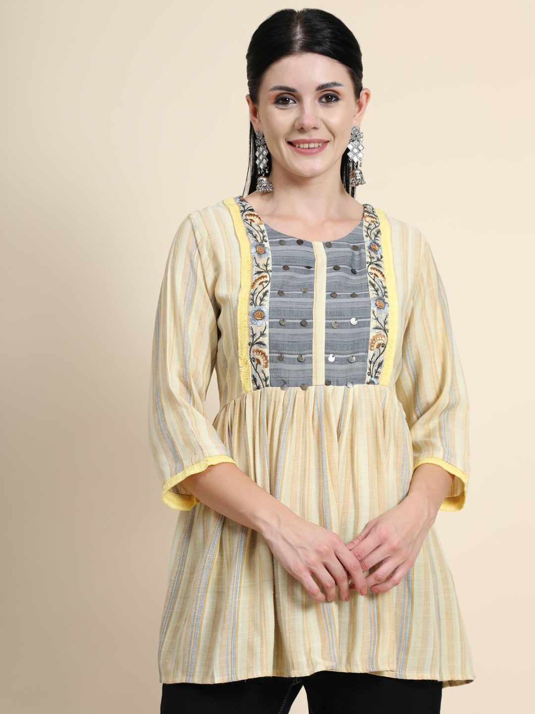 

KALINI Floral Embroidered Sequinned Linen Sequinned Empire Kurti, Yellow