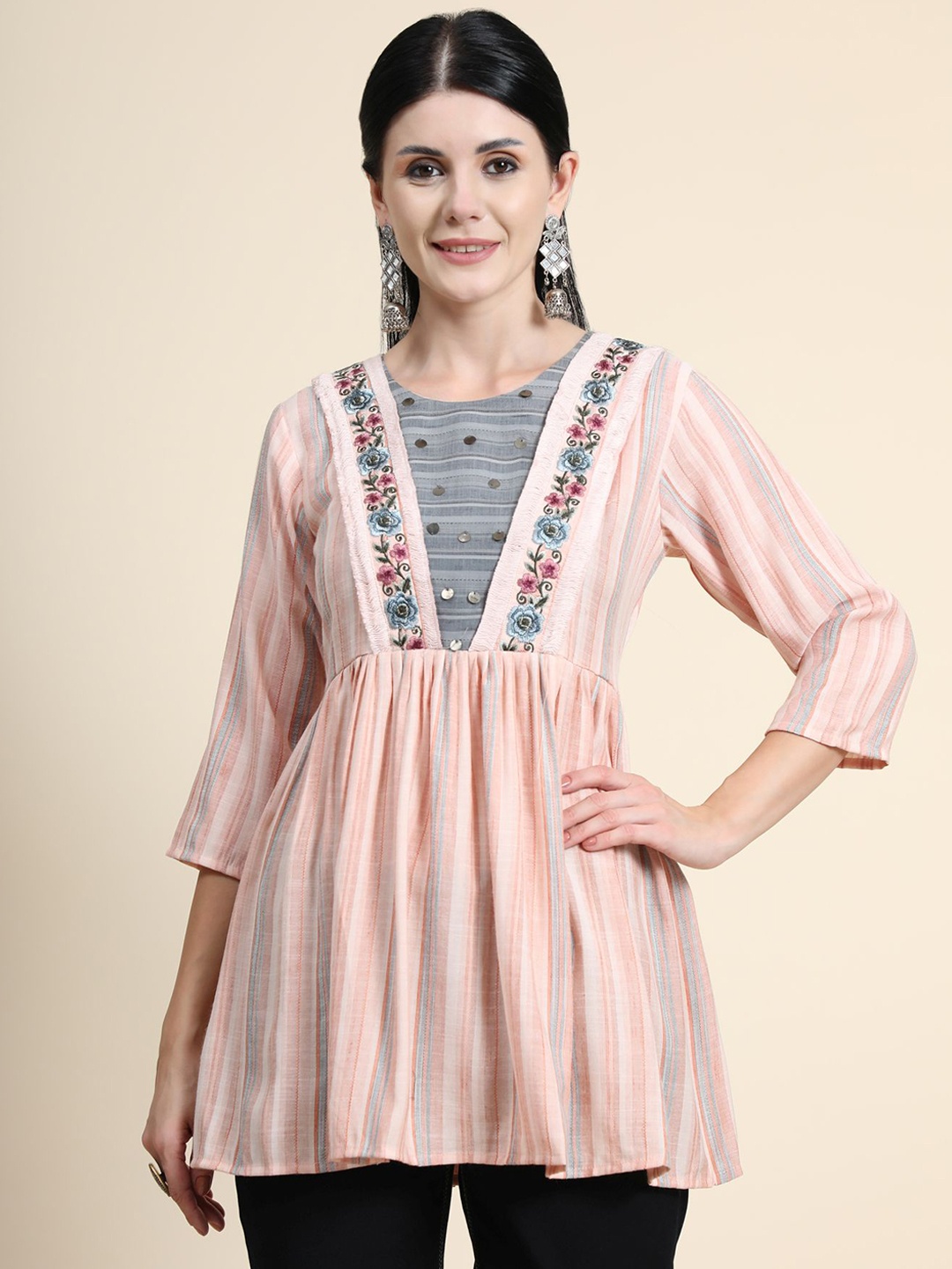 

KALINI Floral Embroidered Sequinned Linen Sequinned Pleated Kurti, Pink