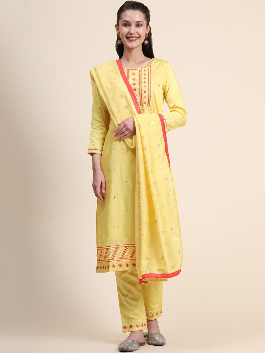 

KALINI Ethnic Motifs Embroidered Thread Work Linen Kurta with Trousers & With Dupatta, Yellow