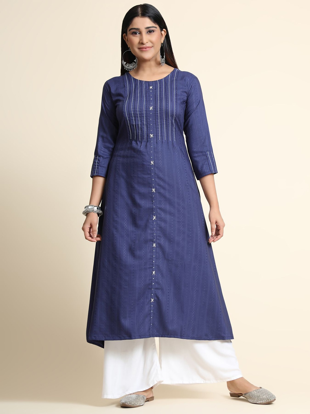 

KALINI Women Blue Embroidered Thread Work Linen Kurta with Palazzos