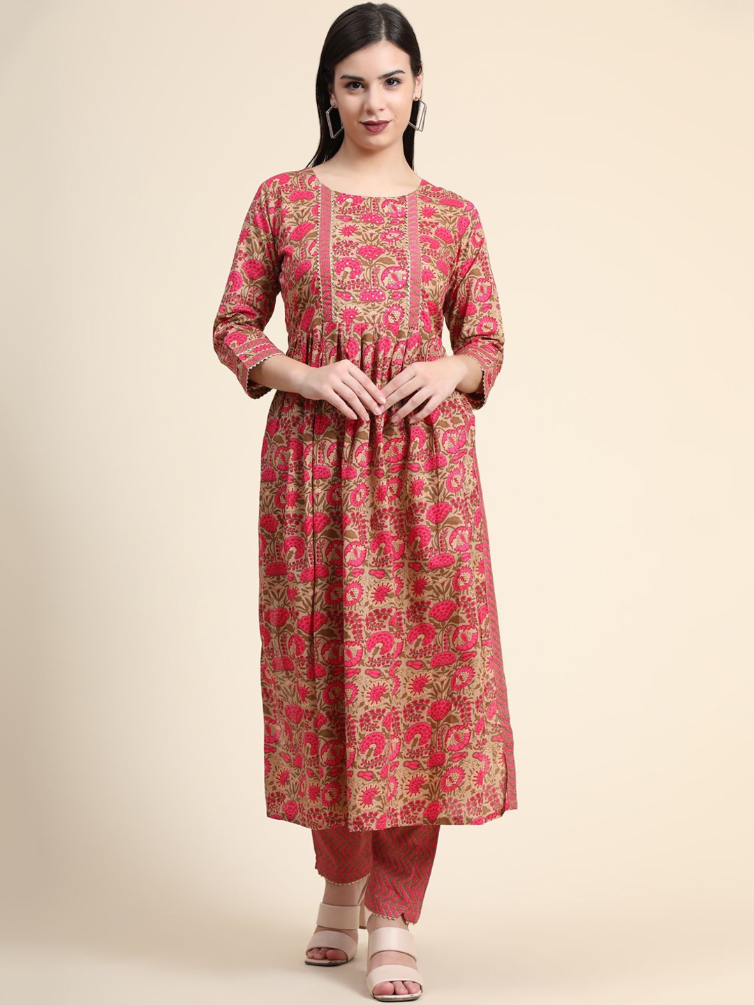 

KALINI Floral Printed Gotta Patti Linen Kurta with Trousers & With Dupatta, Pink