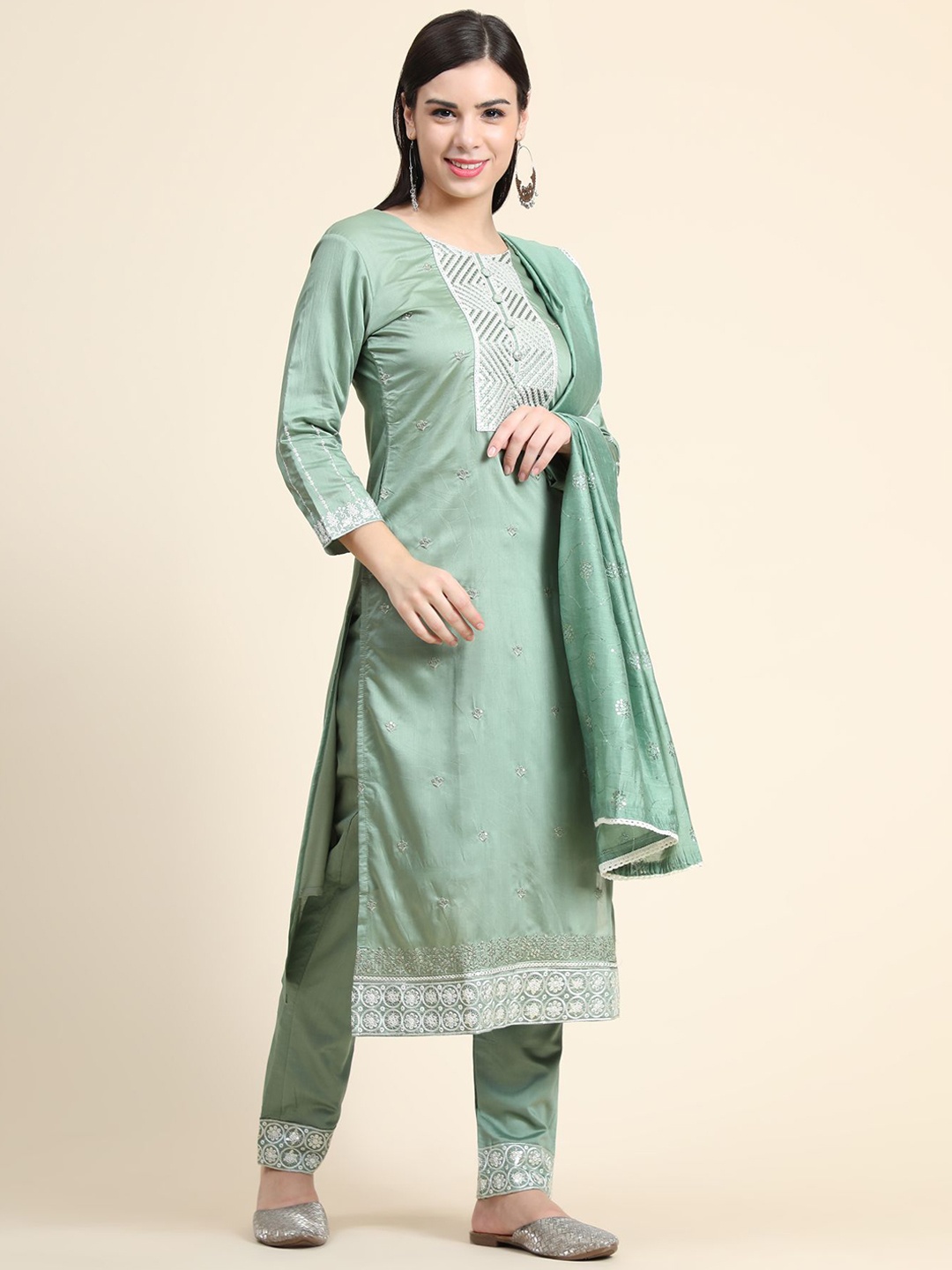 

KALINI Ethnic Motifs Embroidered Sequinned Linen Kurta with Trousers & With Dupatta, Sea green