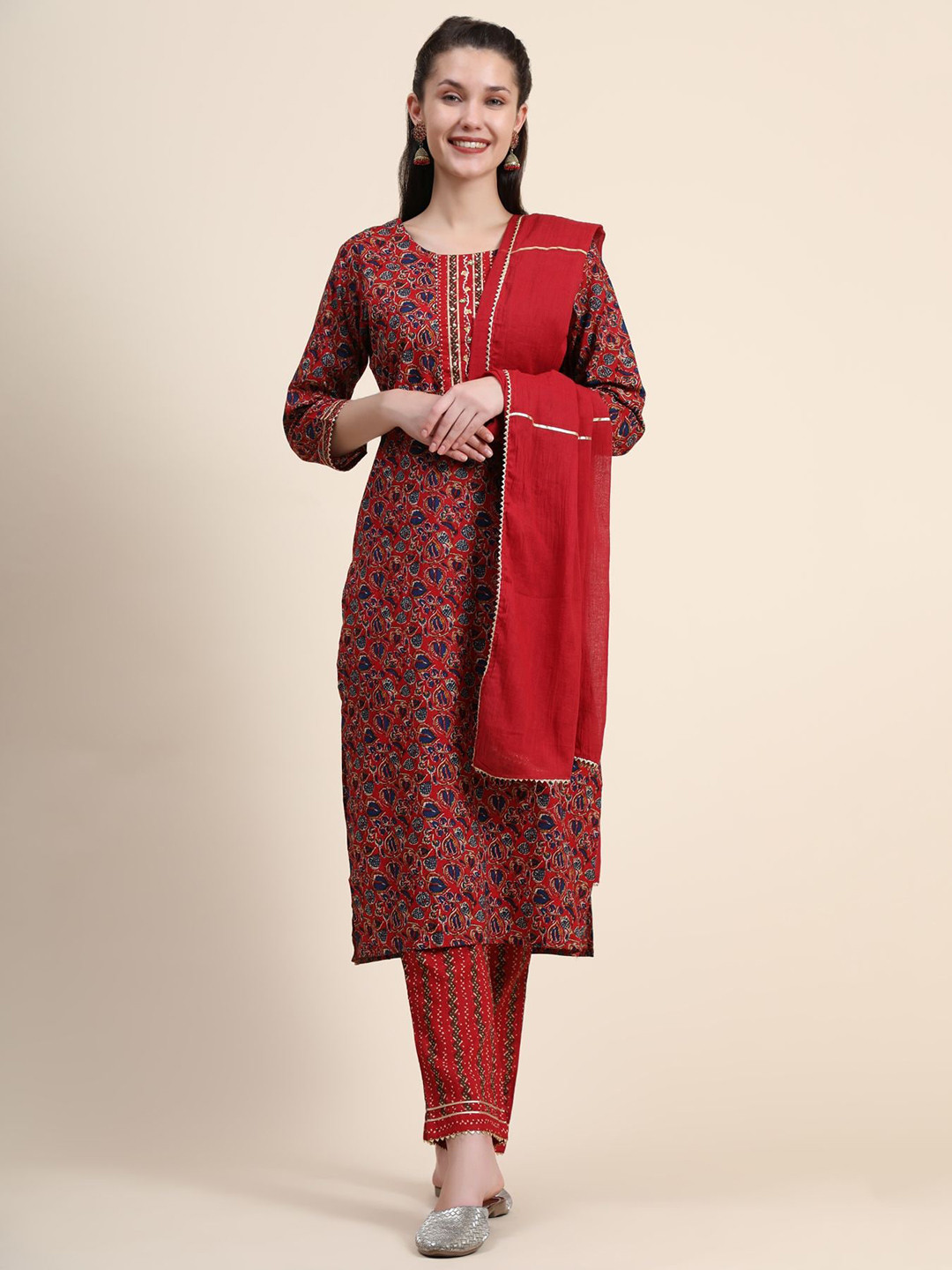 

KALINI Floral Printed Gotta Patti Linen Kurta with Trousers & With Dupatta, Red