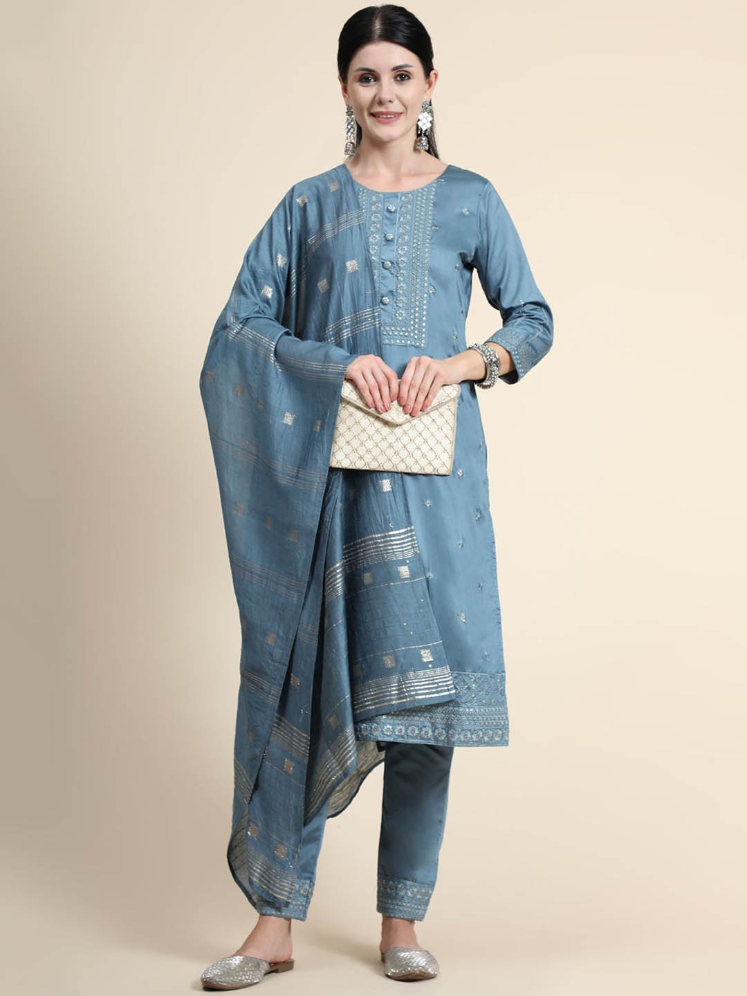 

KALINI Floral Embroidered Thread Work Linen Kurta with Trousers & With Dupatta, Blue