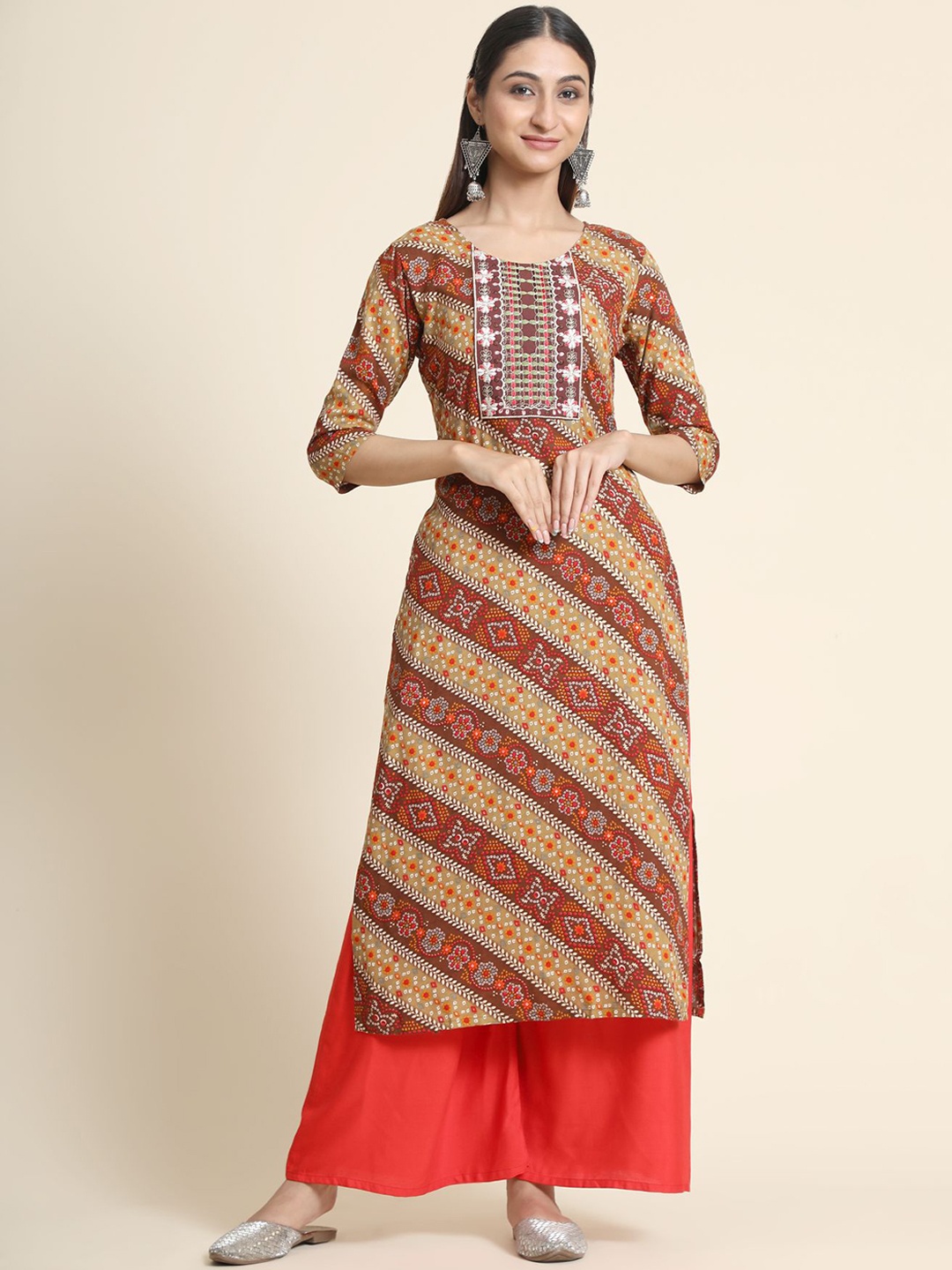 

KALINI Ethnic Motifs Printed Linen Kurta with Palazzos & With Dupatta, Brown