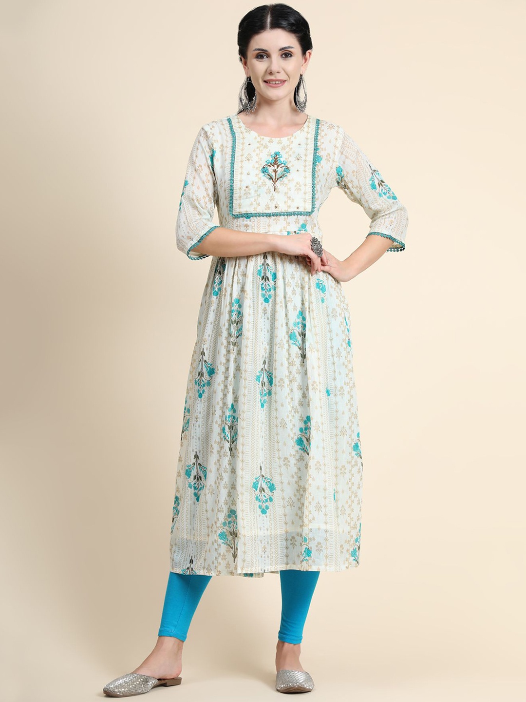 

KALINI Women Floral Embroidered Pleated Linen Kurta With Dupatta, Off white