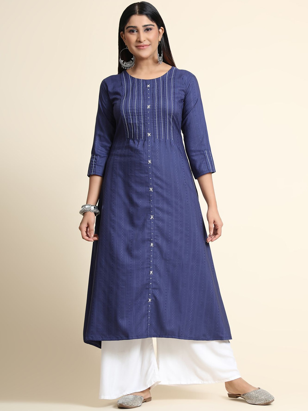 

KALINI Striped Geometric Motif Linen Kurta with Palazzos, Blue