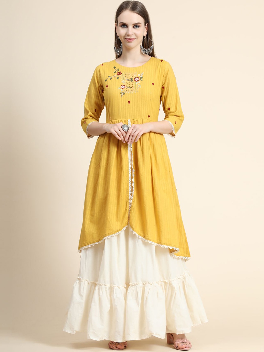 

KALINI Floral Embroidered High Slit Thread Work Linen Kurta with Skirt, Yellow