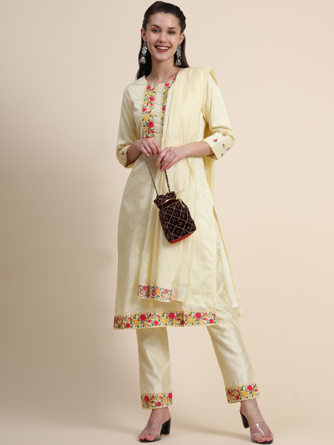 

KALINI Floral Embroidered Thread Work Linen Kurta with Trousers & With Dupatta, Cream
