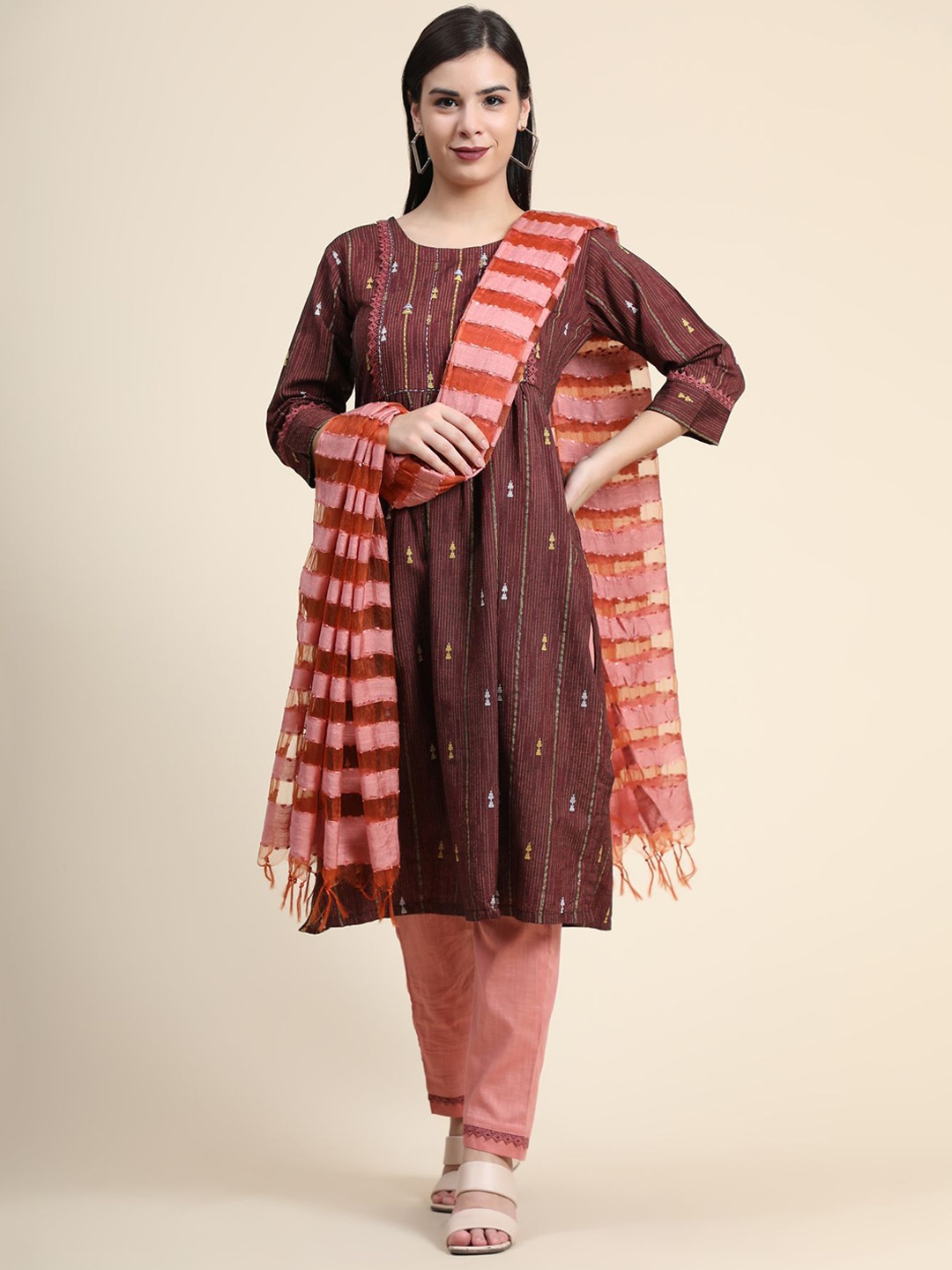 

KALINI Embroidered Mirror Work Linen Kurta with Trousers & With Dupatta, Brown
