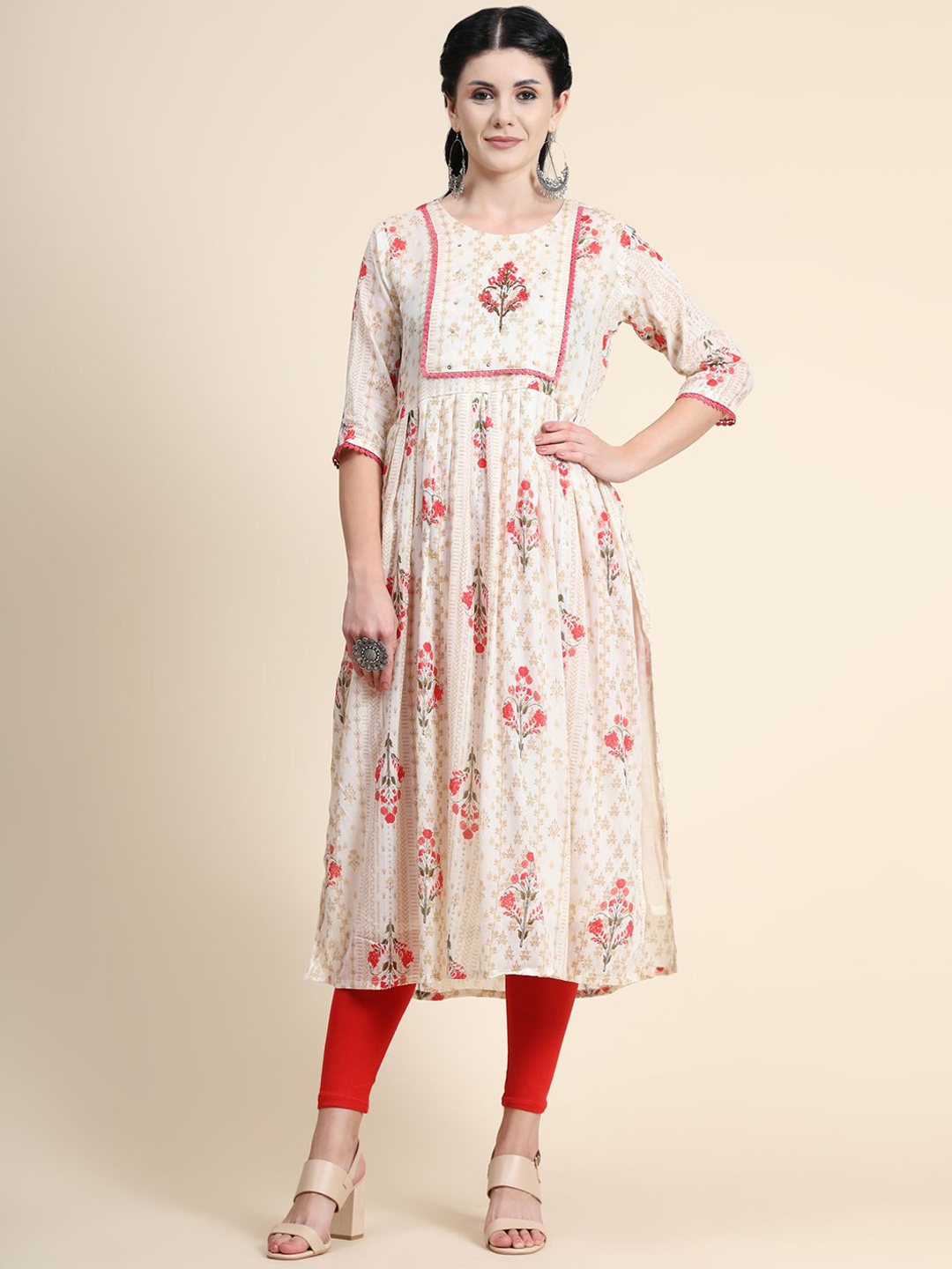 

KALINI Floral Printed Thread Work Linen Kurta With Dupatta, Off white