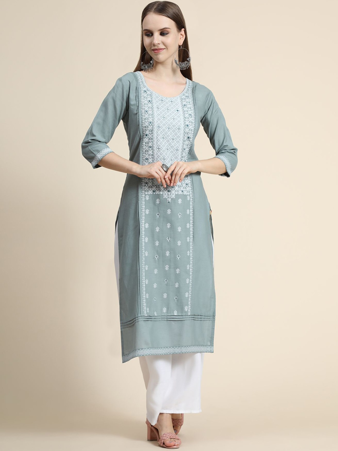 

KALINI Ethnic Motifs Printed Linen Kurta with Palazzos, Grey
