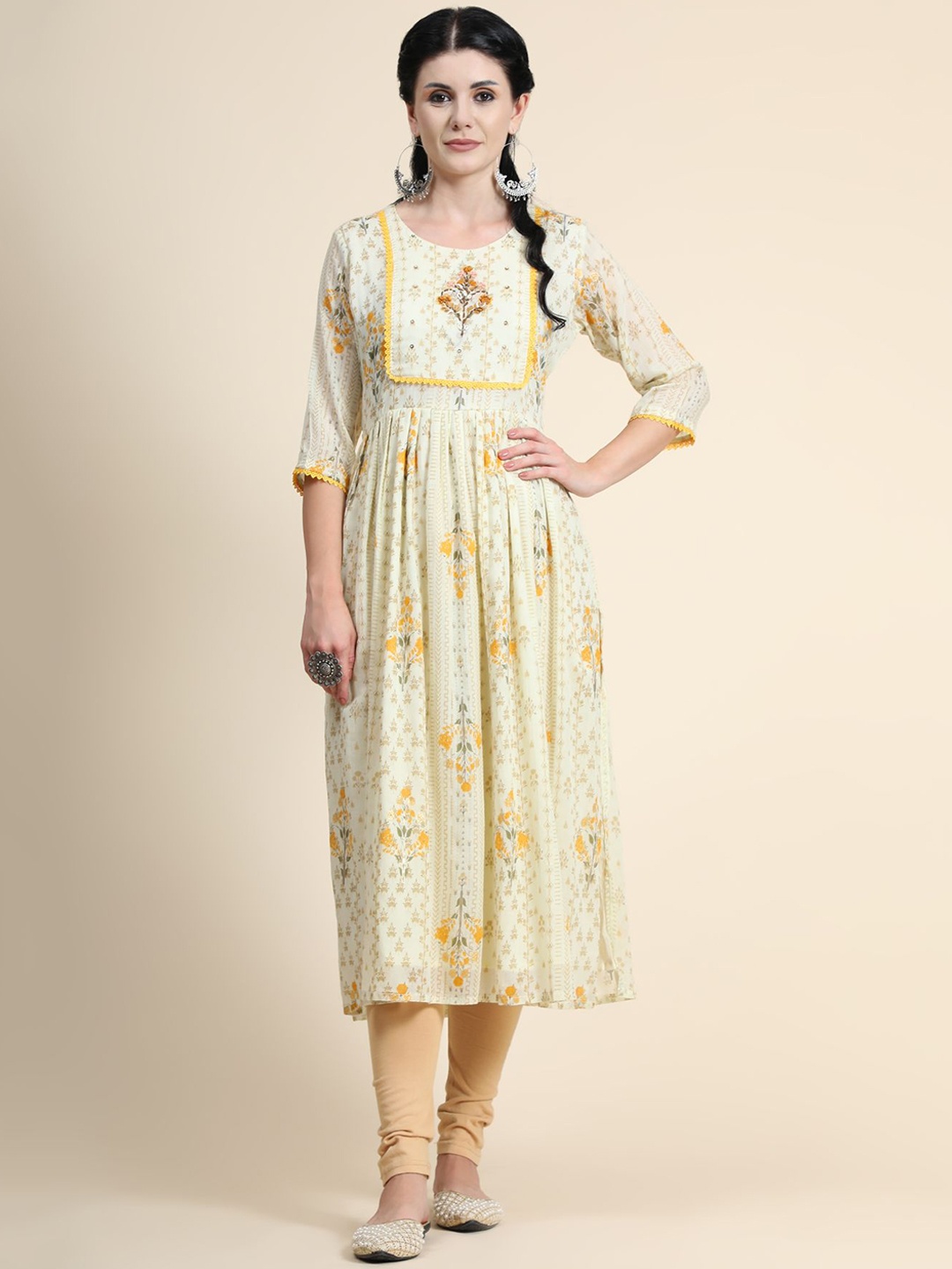 

KALINI Floral Printed Pleated Sequinned Linen Kurta With Dupatta, Yellow