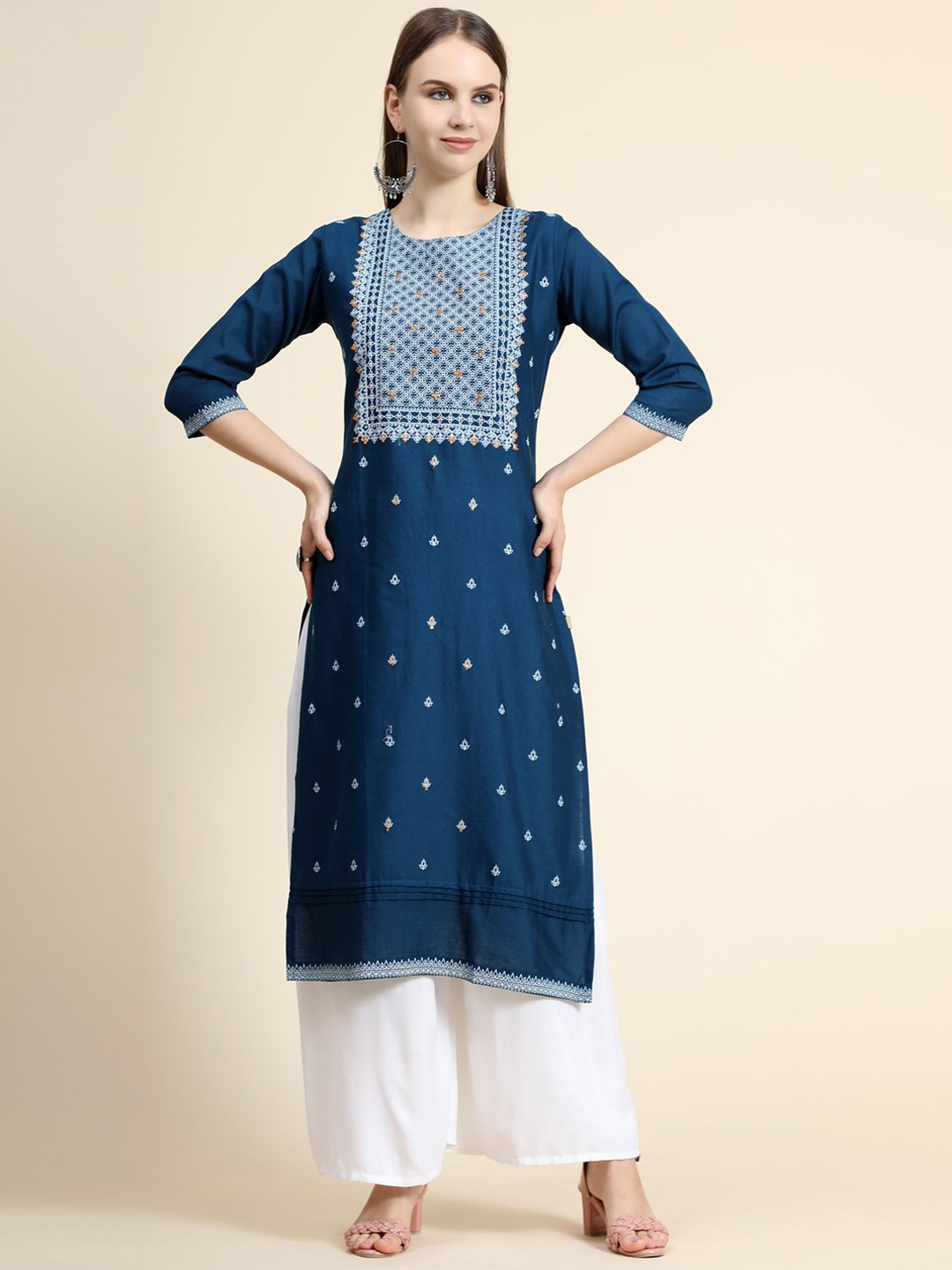 

KALINI Blue Ethnic Motifs Printed Thread Work Linen Kurta with Palazzos