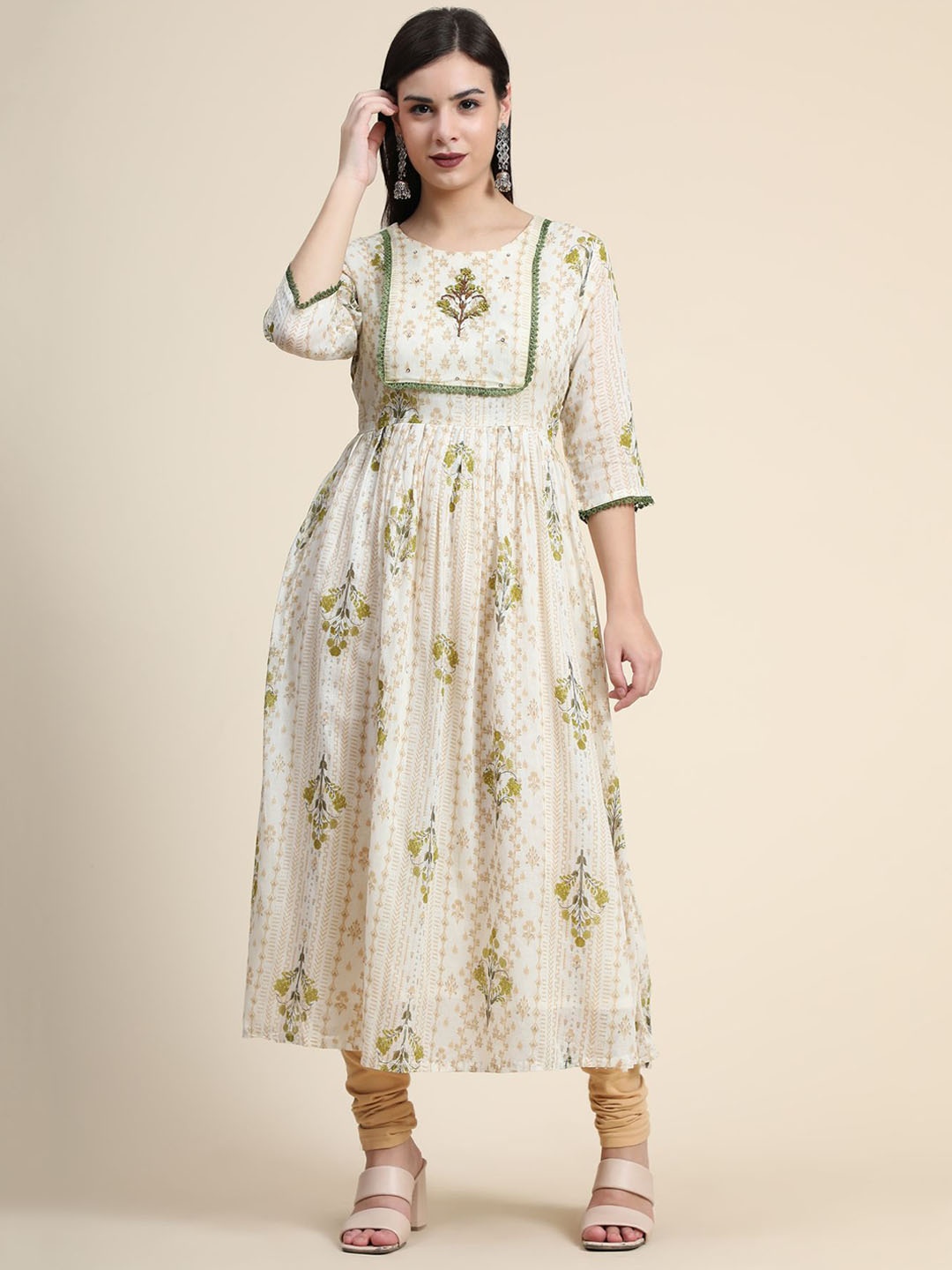 

KALINI Floral Printed Pleated Thread Work Linen Kurta, Cream