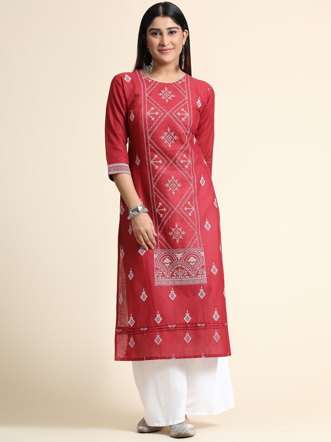 

KALINI Women Ethnic Motifs Printed Thread Work Linen Kurta with Palazzos, Red