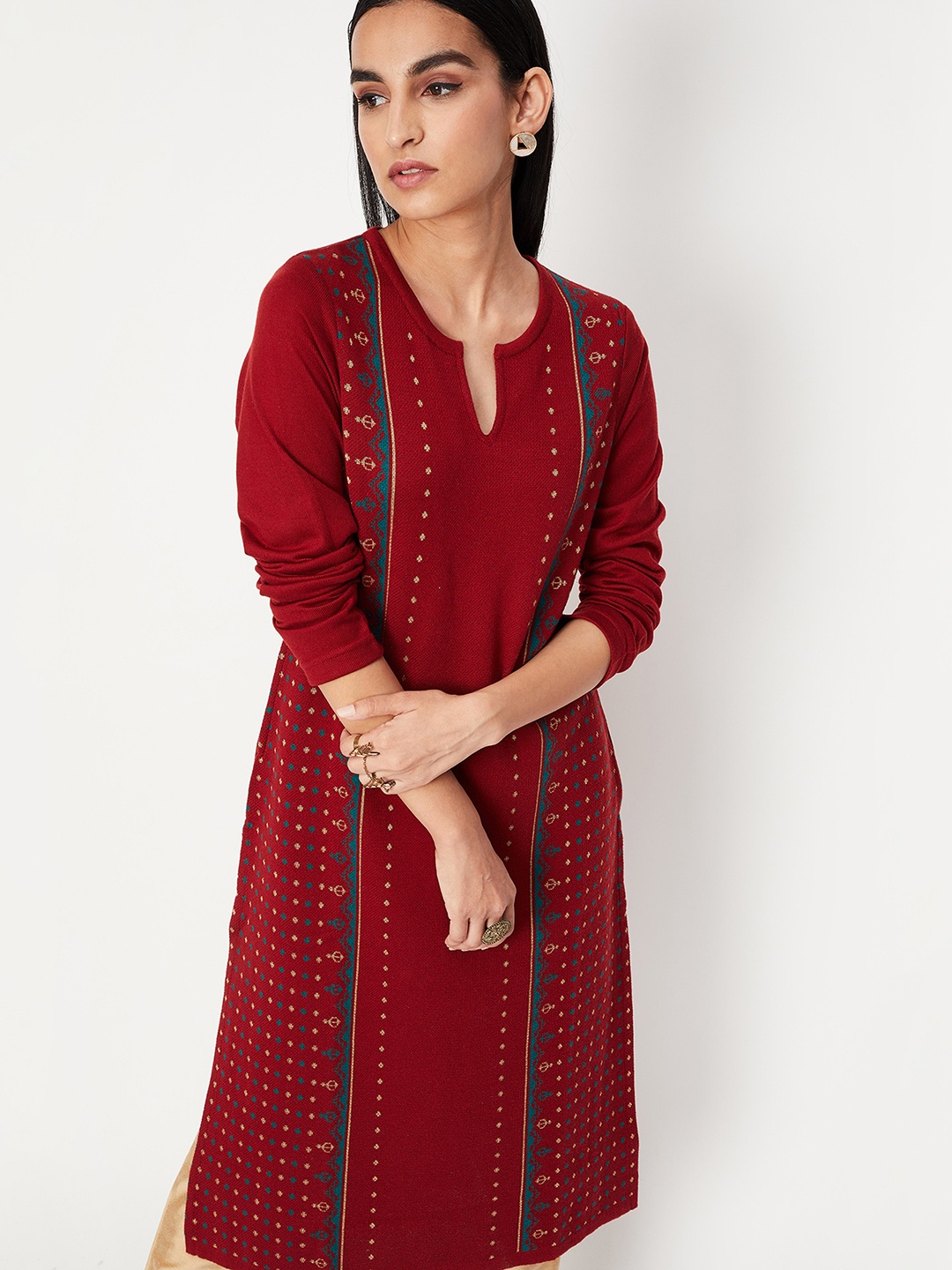 

max Ethnic Motifs Printed Stylised Neck Kurta, Maroon