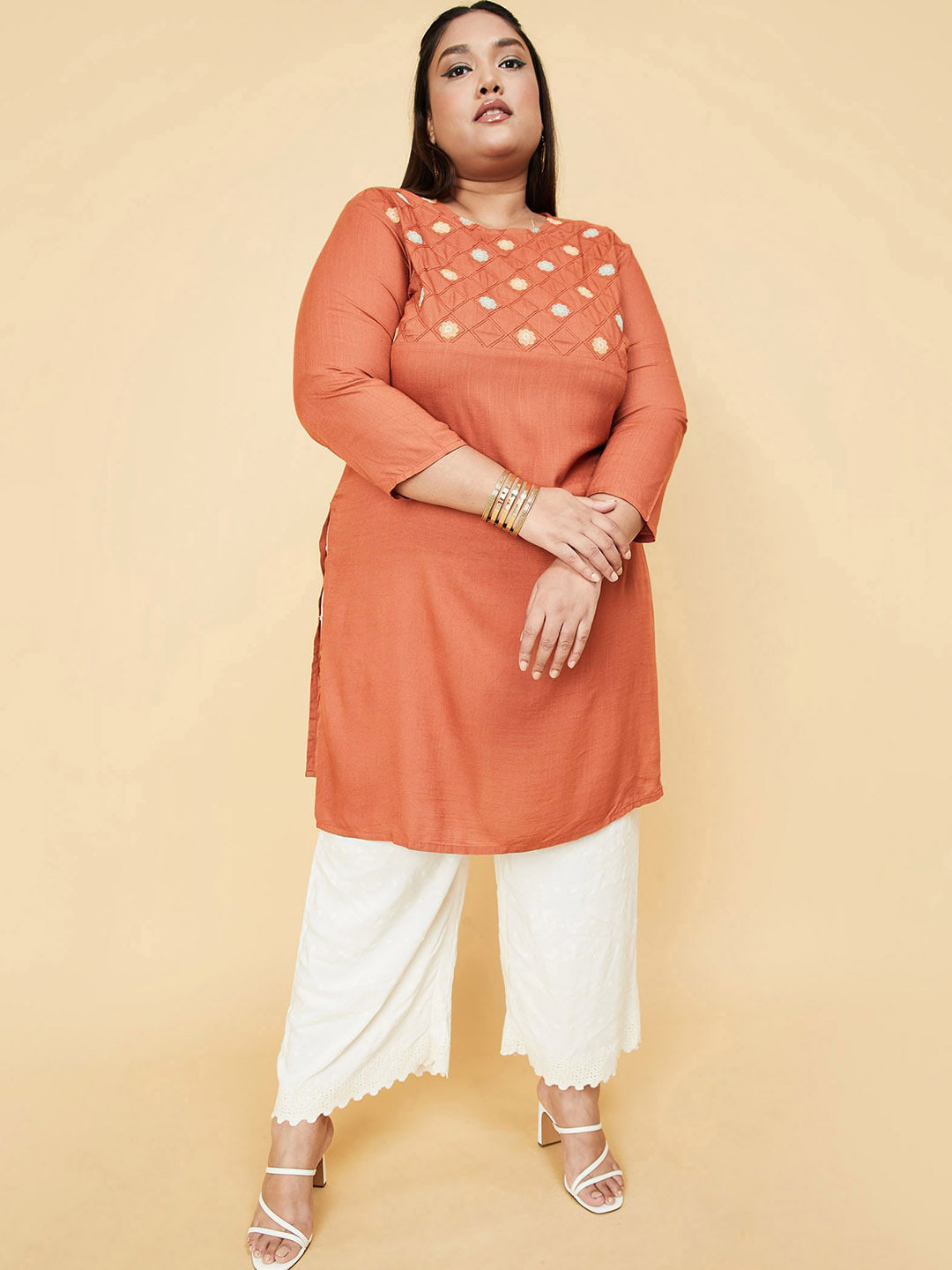 

max Women Floral Embroidered Thread Work Plus size Kurta, Rust