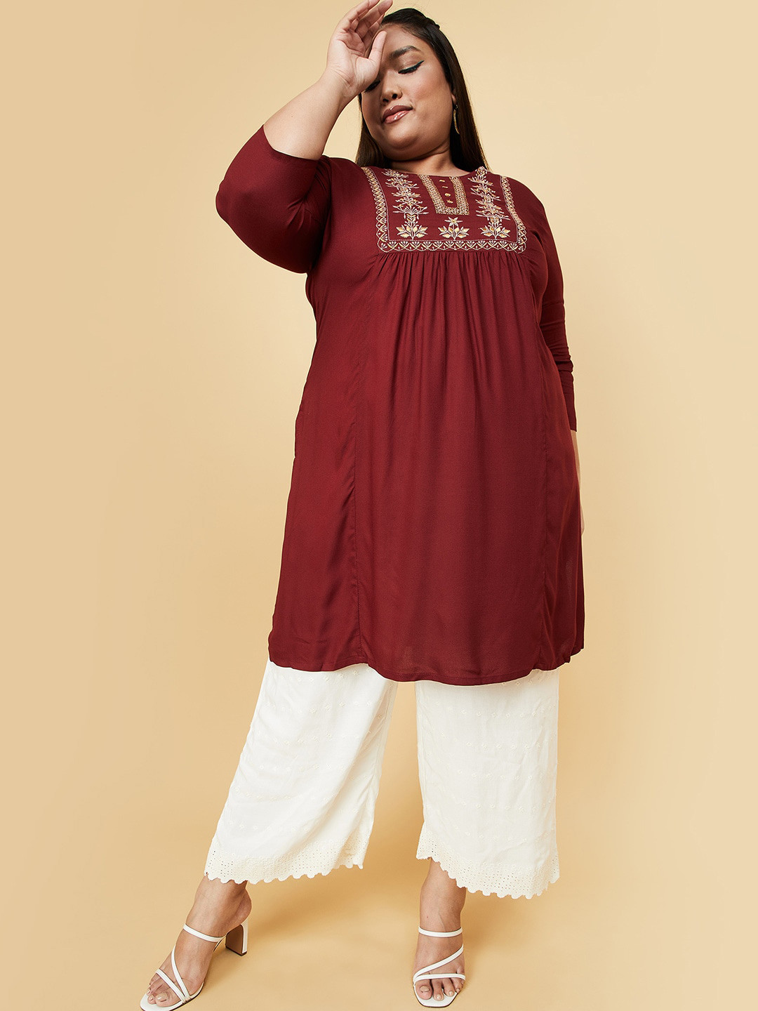 

max Women Floral Embroidered Thread Work Plus size Kurta, Maroon