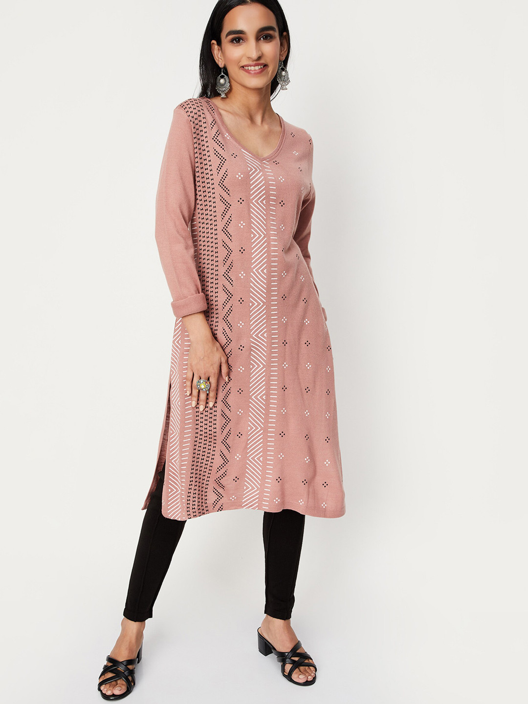 

max Women Geometric Printed Acrylic Kurta, Pink