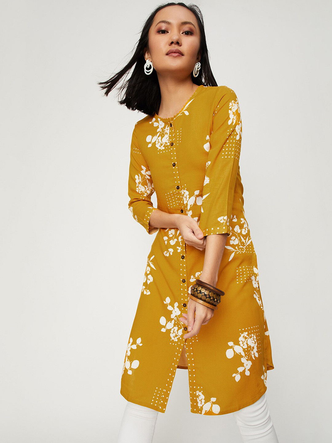 

max Women Mustard Yellow Floral Printed Thread Work Kurta