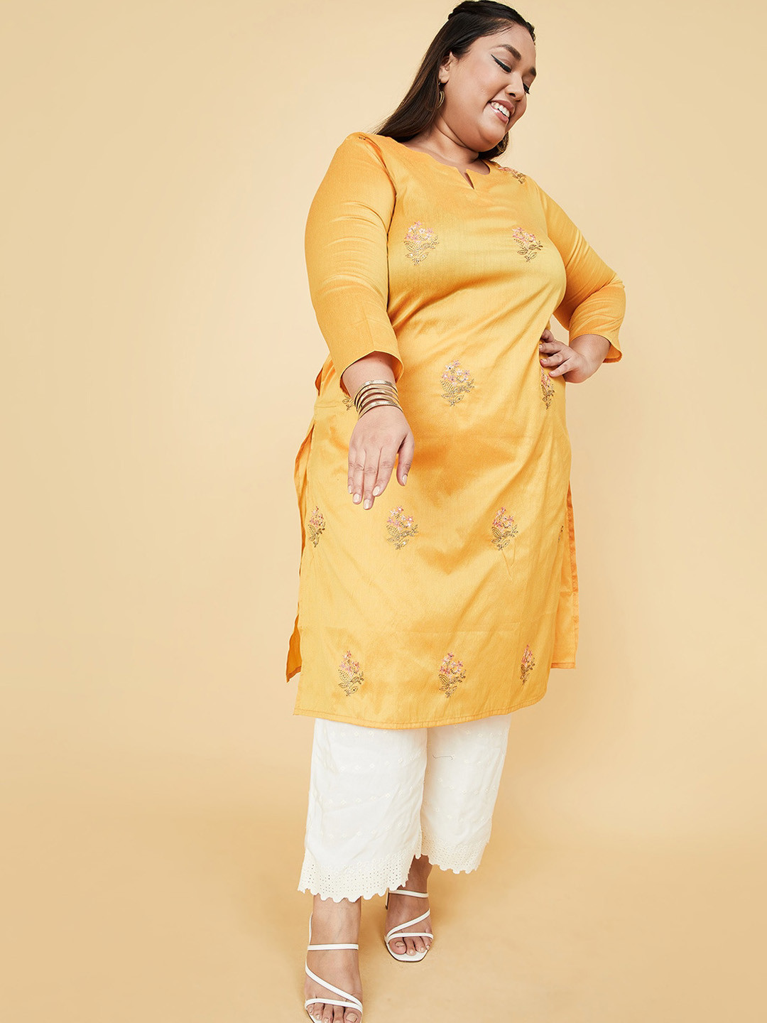 

max Women Yellow Floral Embroidered Thread Work Plus size Kurta, Mustard