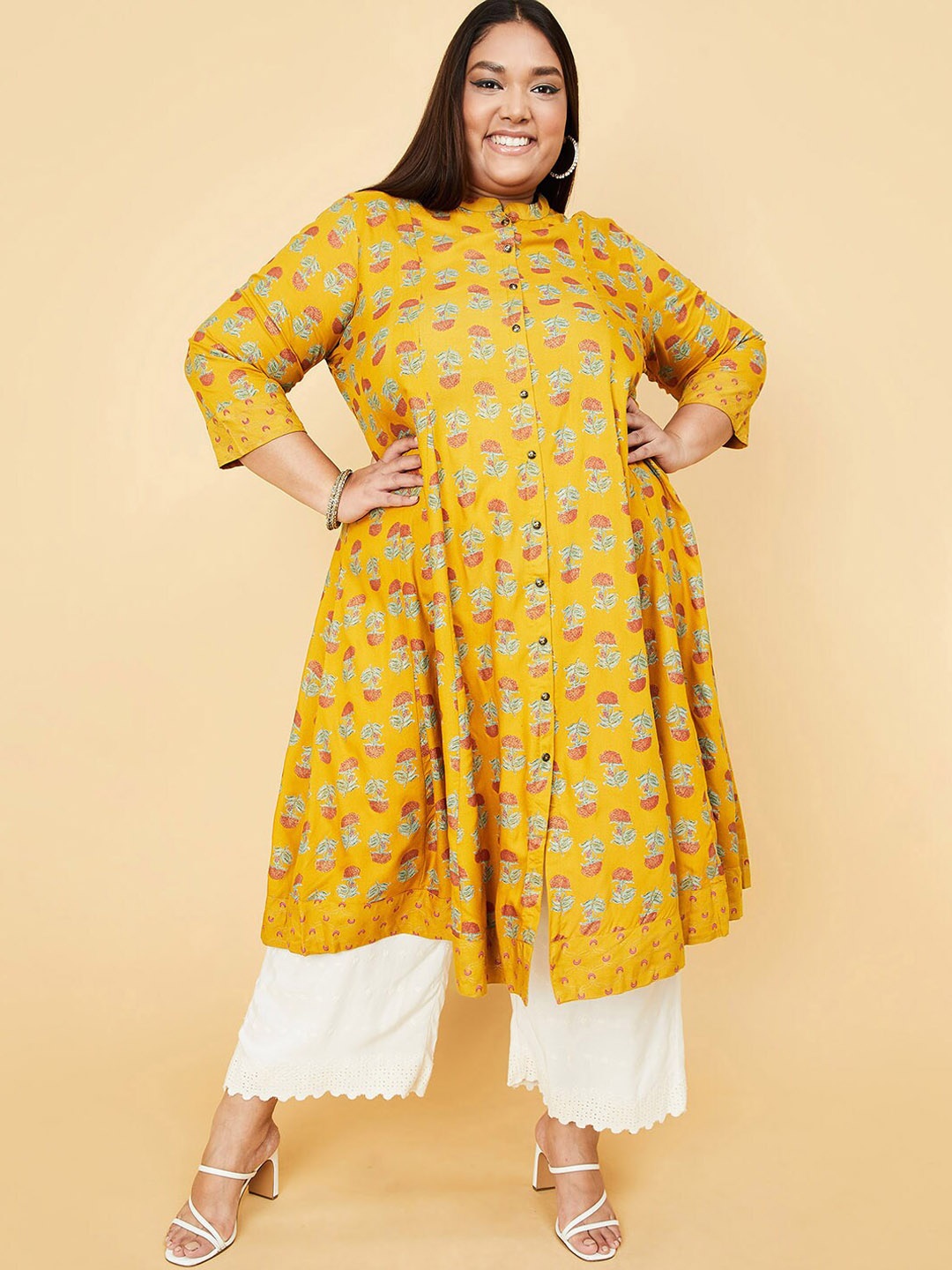 

max Plus Size Floral Printed Anarkali Kurta, Mustard