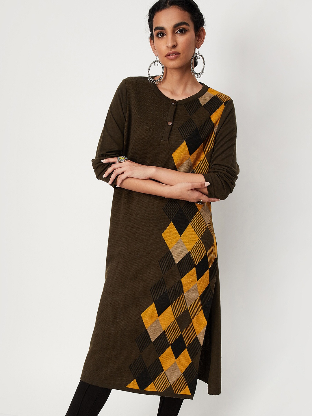 

max Women Olive Green Geometric Printed Kurta