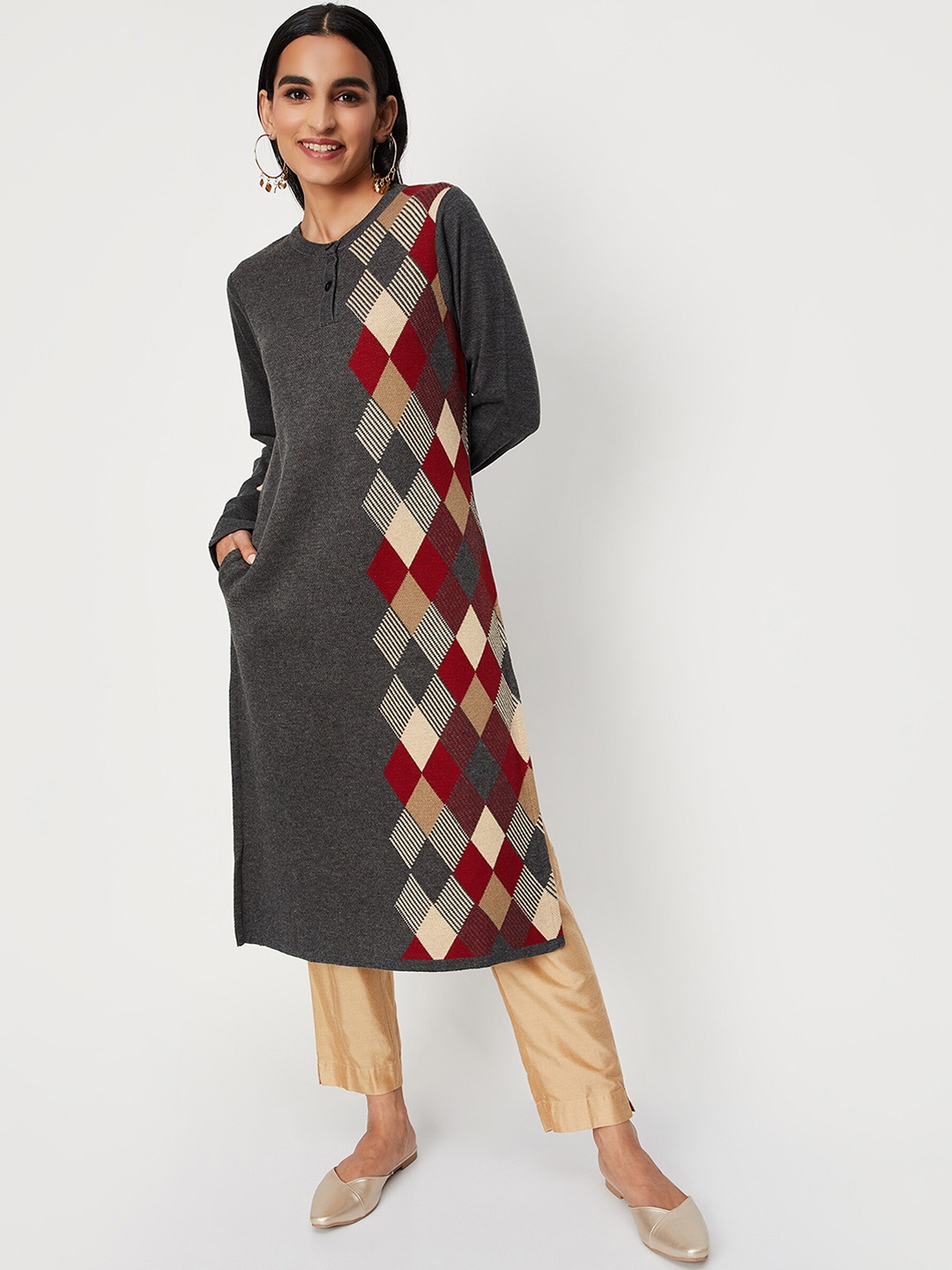 

max Geometric Printed Kurta, Grey