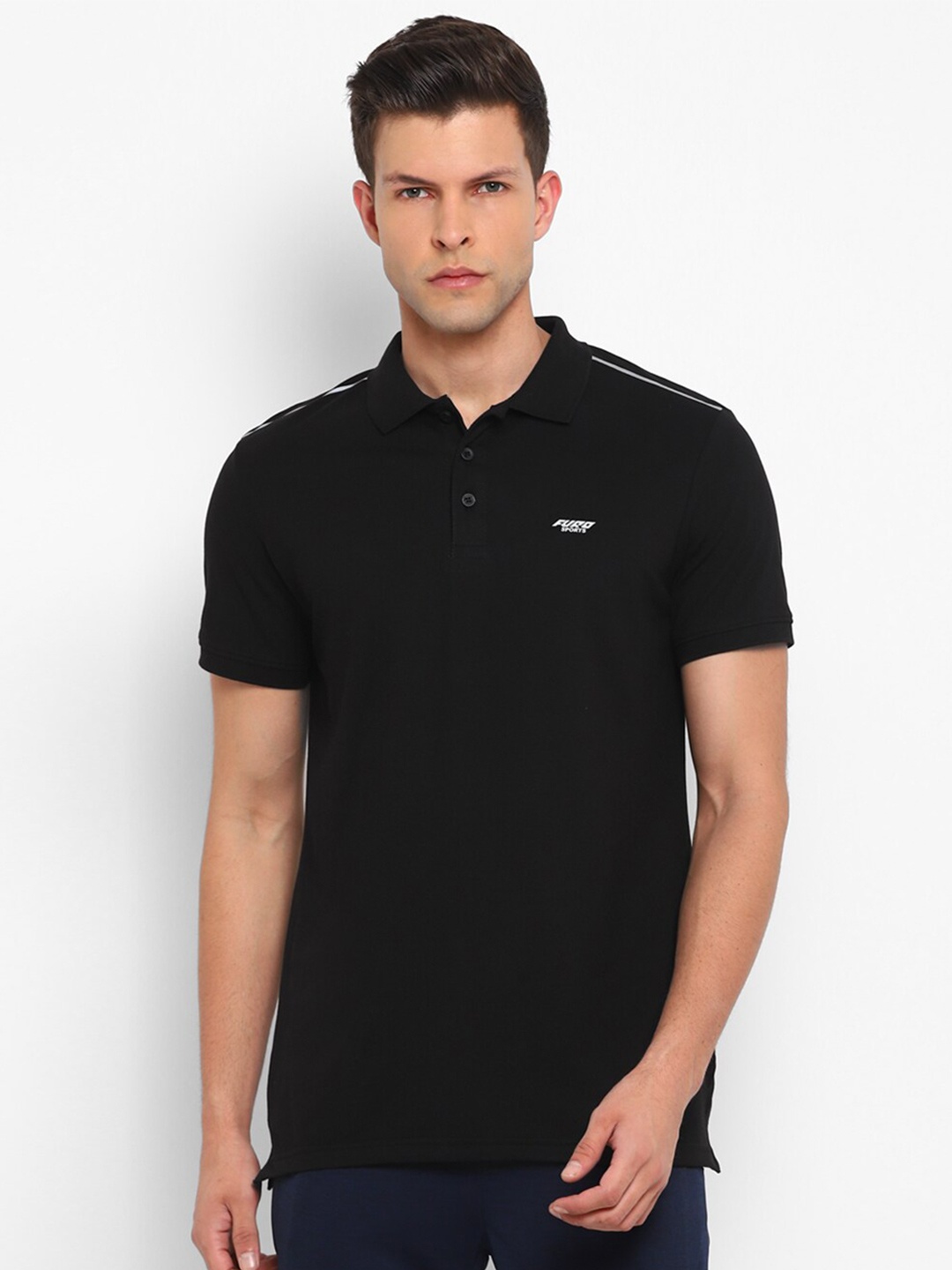 

FURO by Red Chief Men Black Polo Collar Applique T-shirt