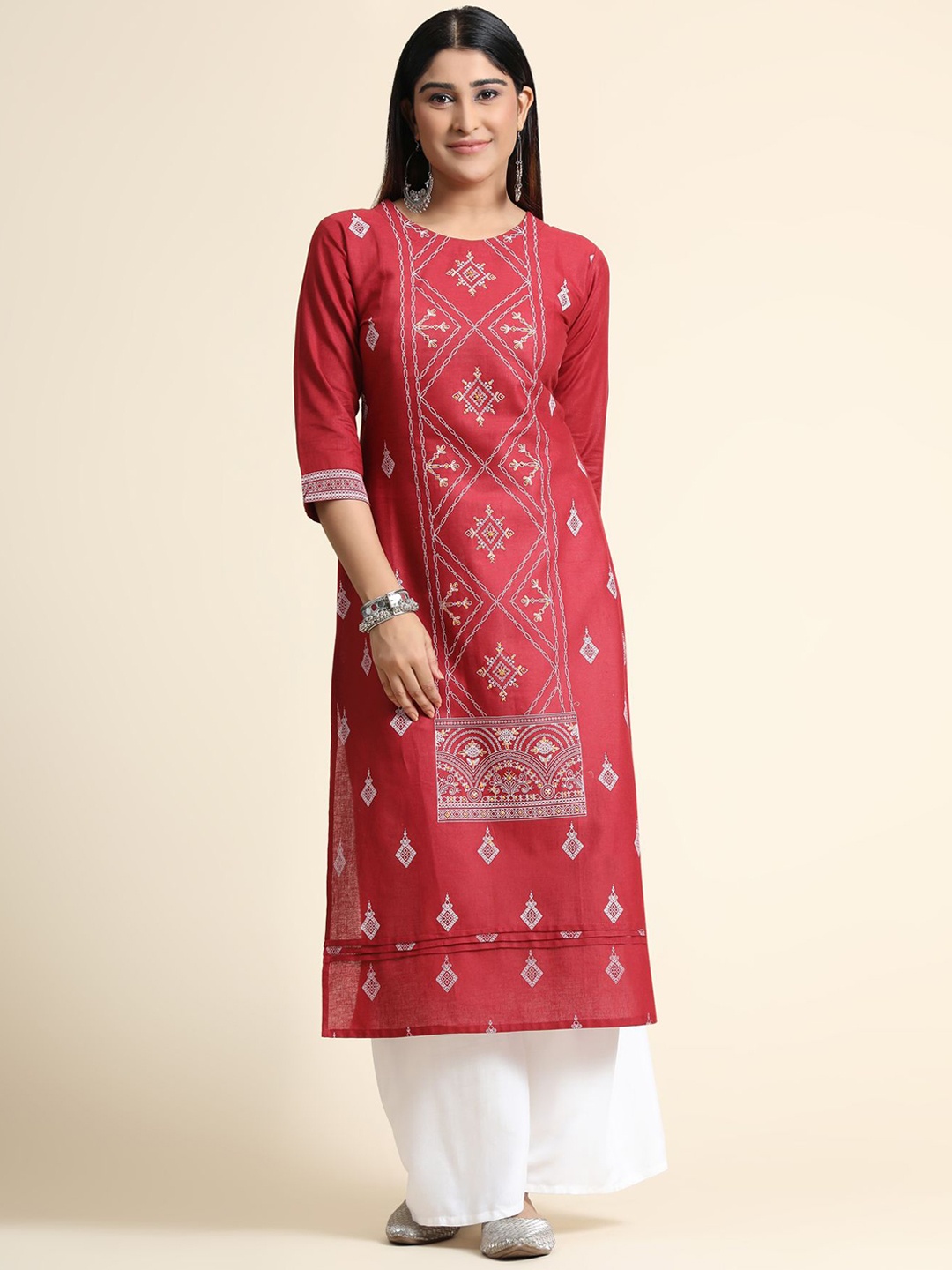 

KALINI Printed Beads and Stones Linen Kurta with Palazzos, Red