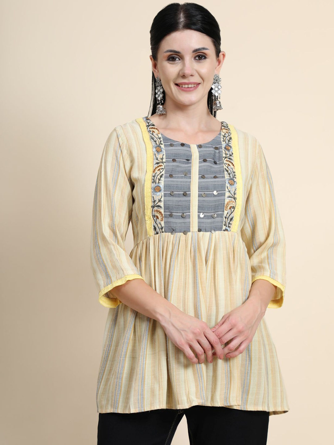 

KALINI Floral Embroidered Sequinned Linen Sequinned Empire Kurti, Yellow