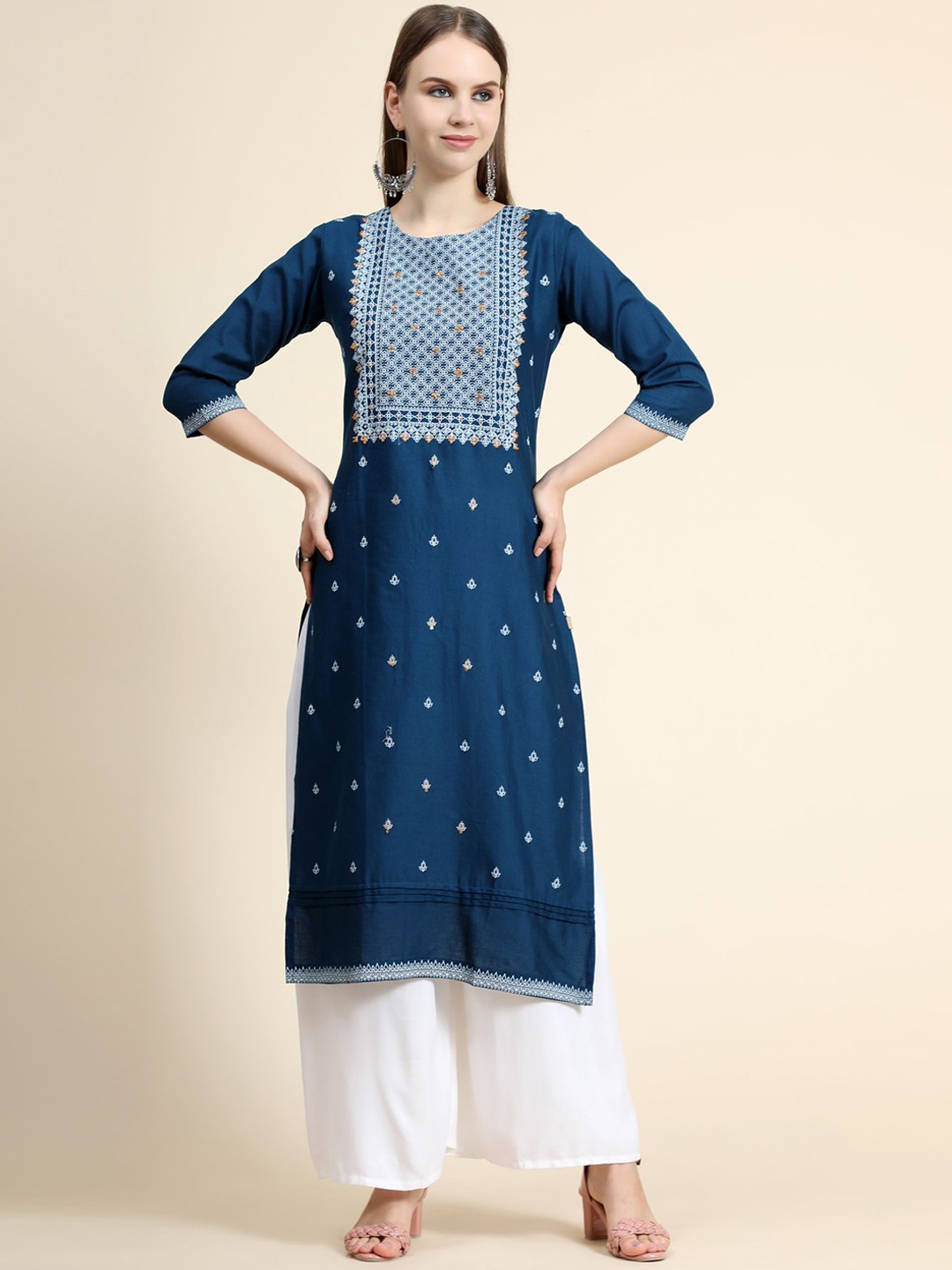 

KALINI Floral Printed Linen Round Neck Kurta with Palazzos, Blue