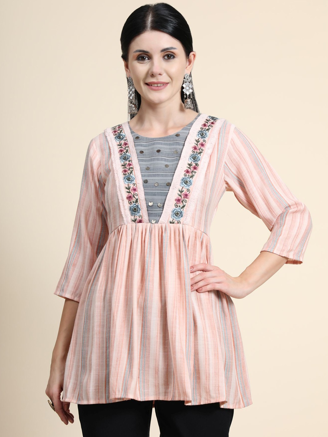 

KALINI Pink & Blue Floral Embroidered Sequinned Linen Sequinned Empire Kurti