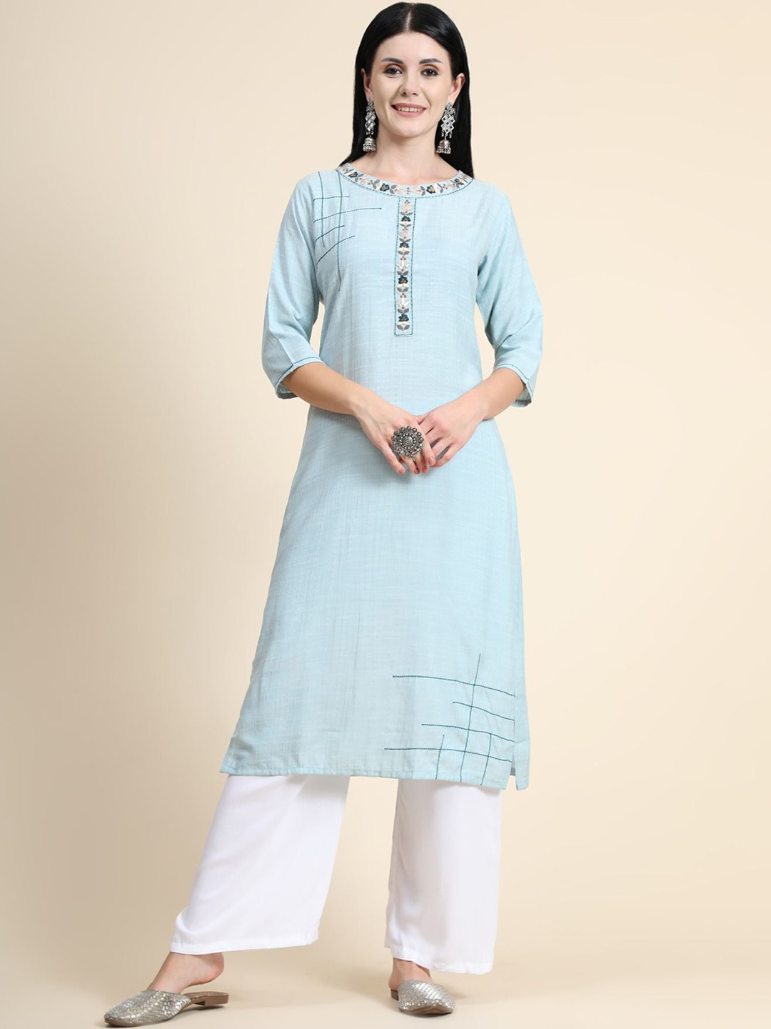 

KALINI Printed Thread Work Linen Kurta with Palazzos, Blue
